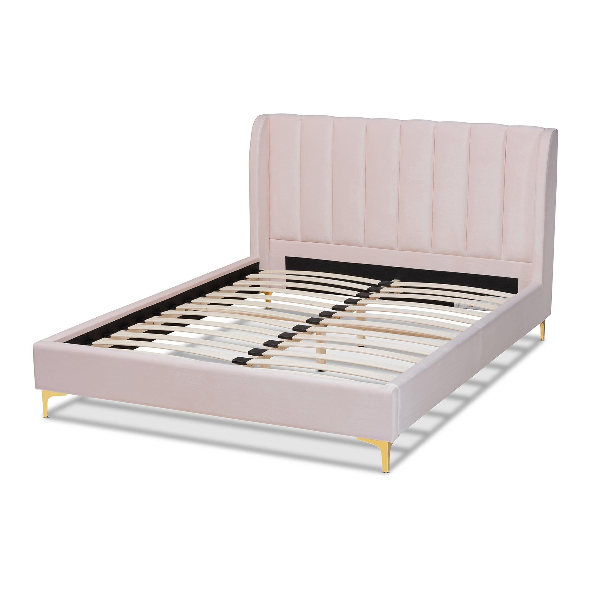 Saverio Glam and Luxe Light Velvet Fabric Upholstered Platform Bed with -Tone Legs