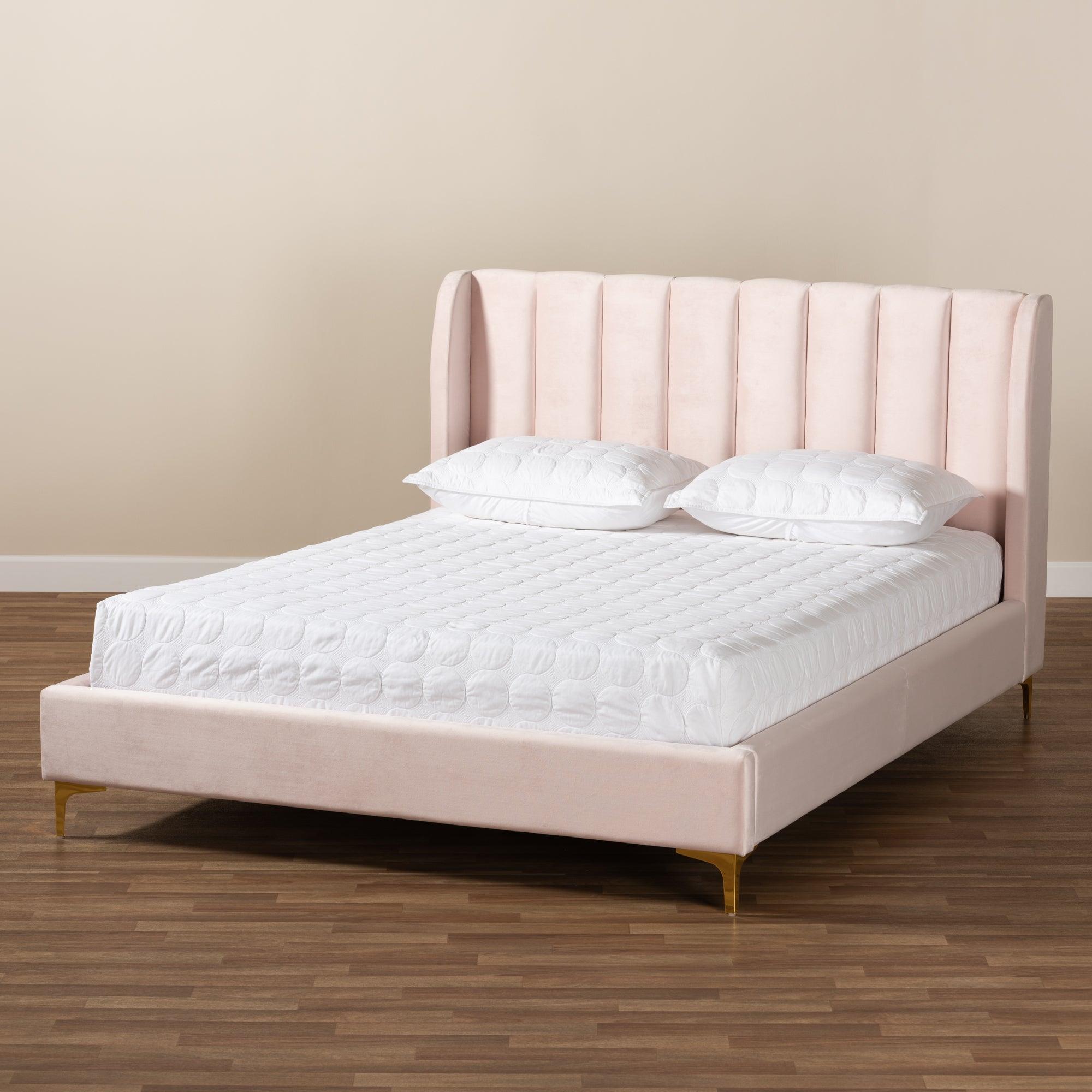 Saverio Glam and Luxe Light Velvet Fabric Upholstered Platform Bed with -Tone Legs