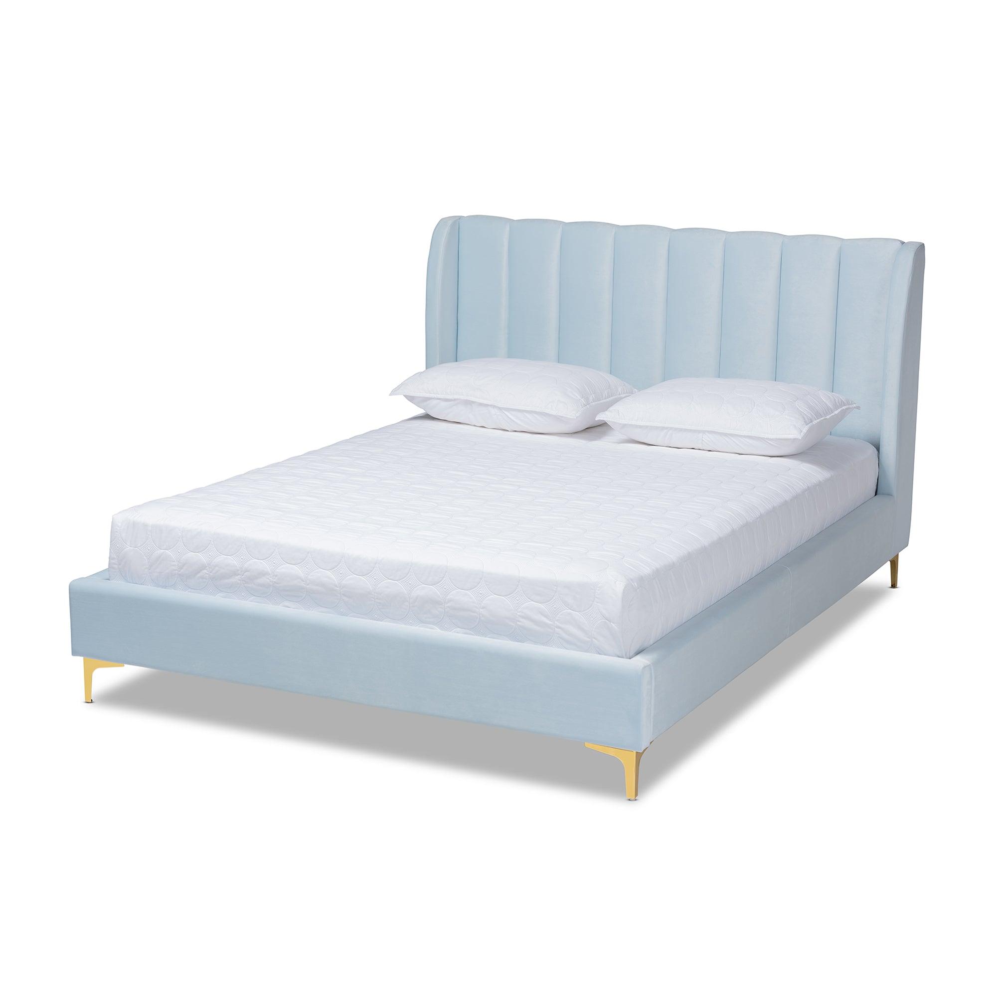 Saverio Glam and Luxe Velvet Fabric Upholstered Platform Bed with -Tone Legs