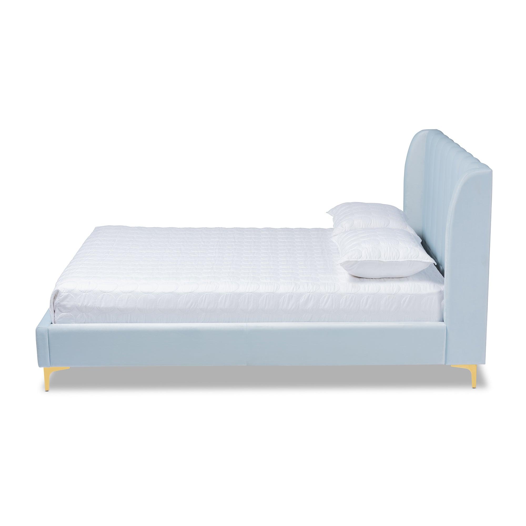 Saverio Glam and Luxe Velvet Fabric Upholstered Platform Bed with -Tone Legs