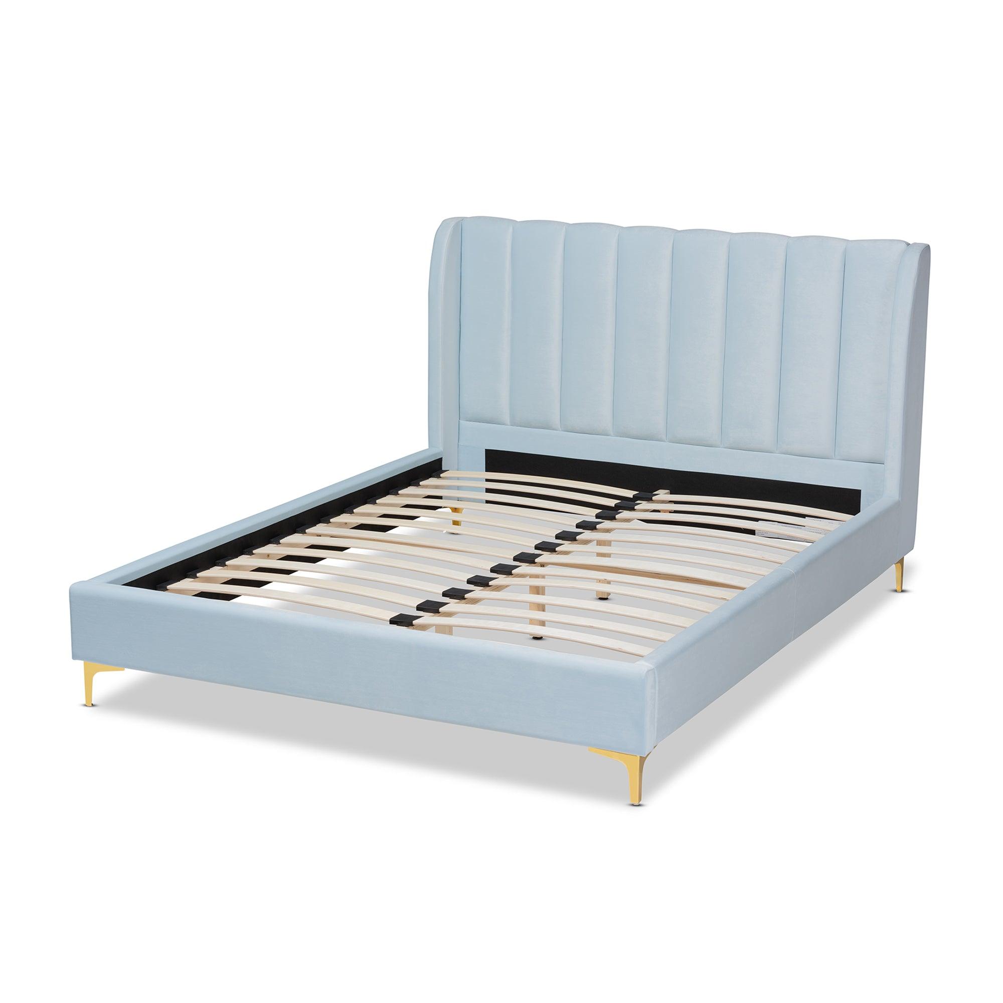 Saverio Glam and Luxe Velvet Fabric Upholstered Platform Bed with -Tone Legs