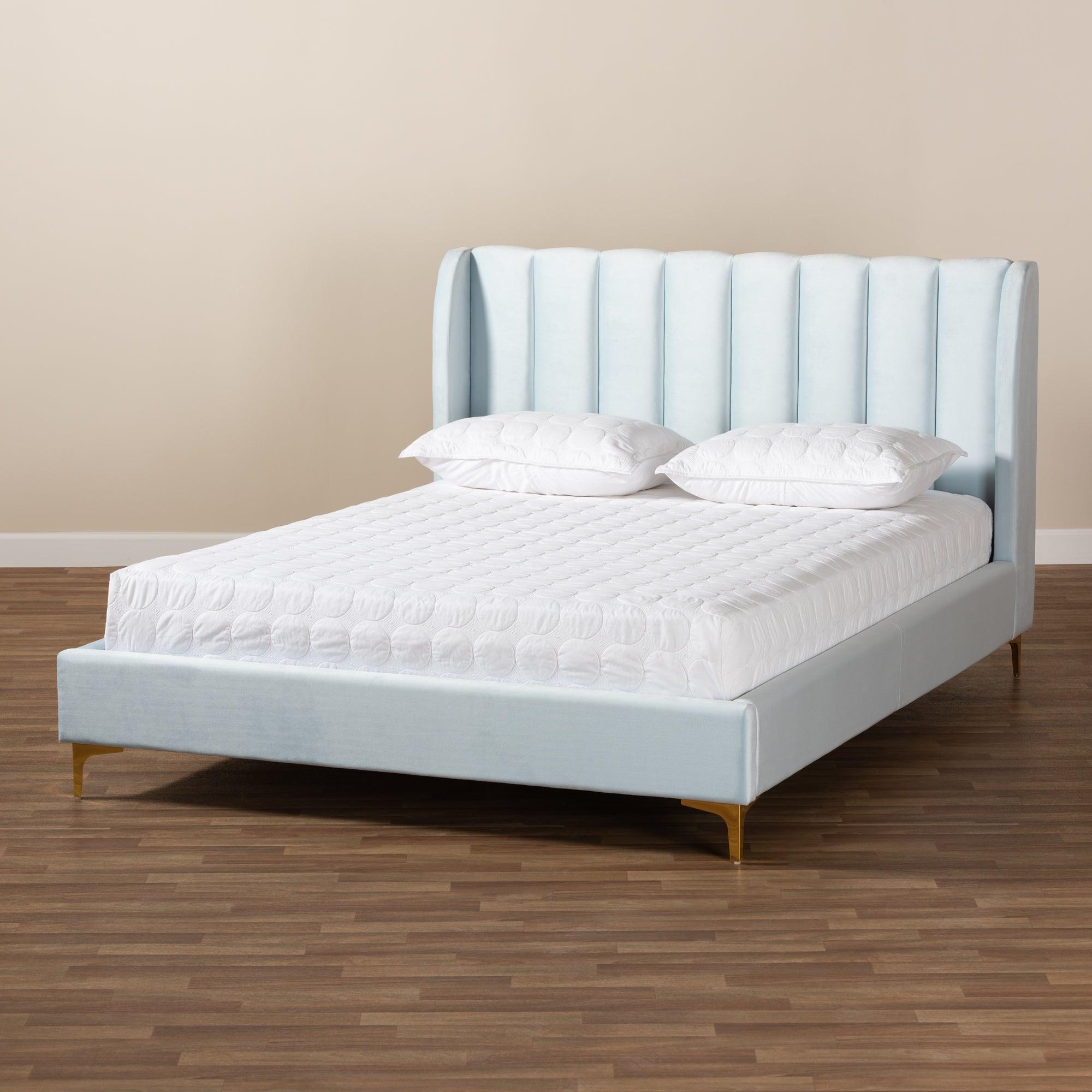 Saverio Glam and Luxe Velvet Fabric Upholstered Platform Bed with -Tone Legs