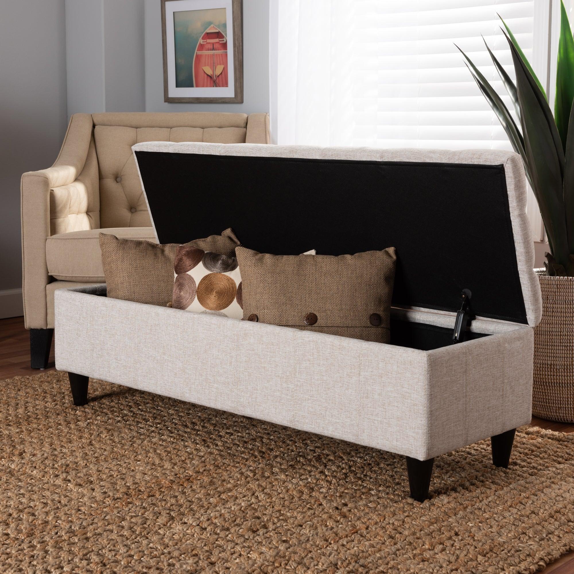 Brette Mid-Century Modern Fabric Upholstered Finished Wood Storage Bench Ottoman