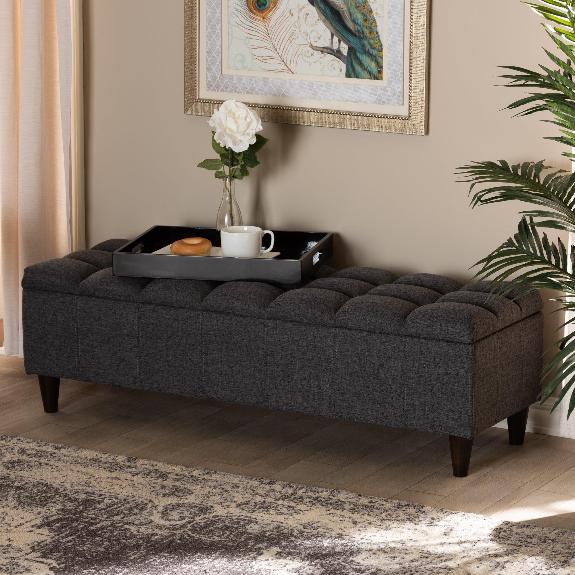 Brette Mid-Century Modern Fabric Upholstered Finished Wood Storage Bench Ottoman