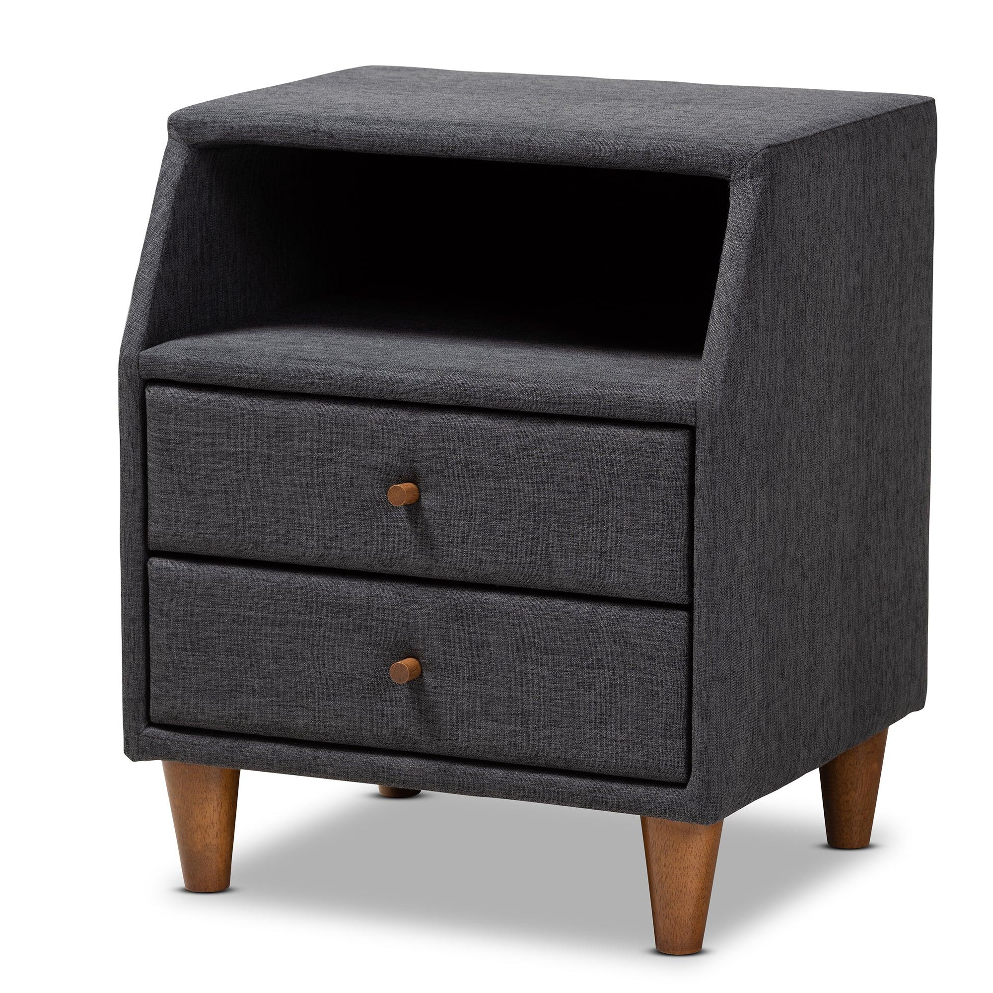 Claverie Mid-Century Modern Fabric Upholstered 2-Drawer Wood Nightstand