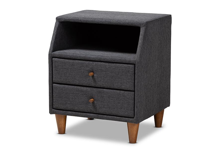 Claverie Mid-Century Modern Fabric Upholstered 2-Drawer Wood Nightstand