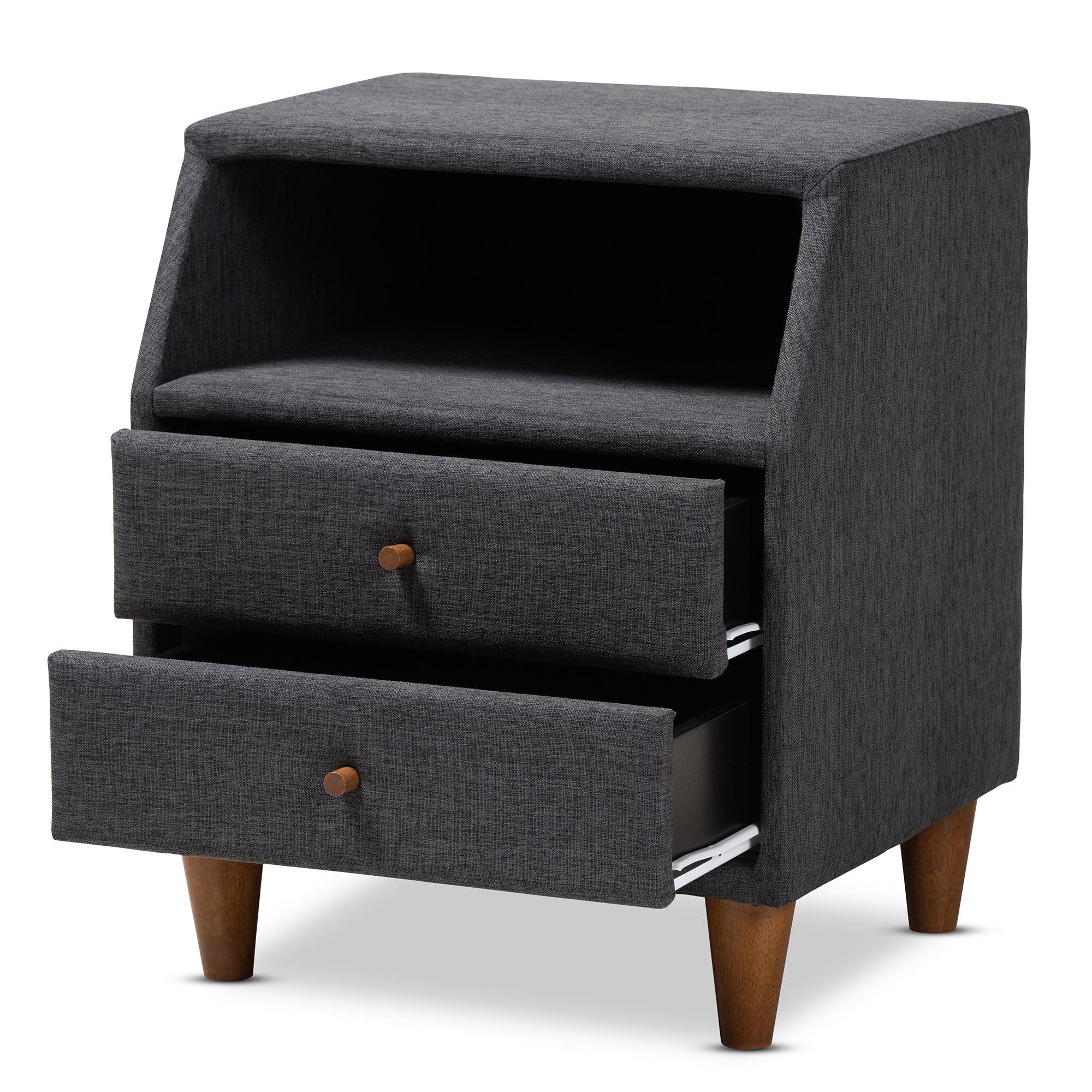 Claverie Mid-Century Modern Fabric Upholstered 2-Drawer Wood Nightstand