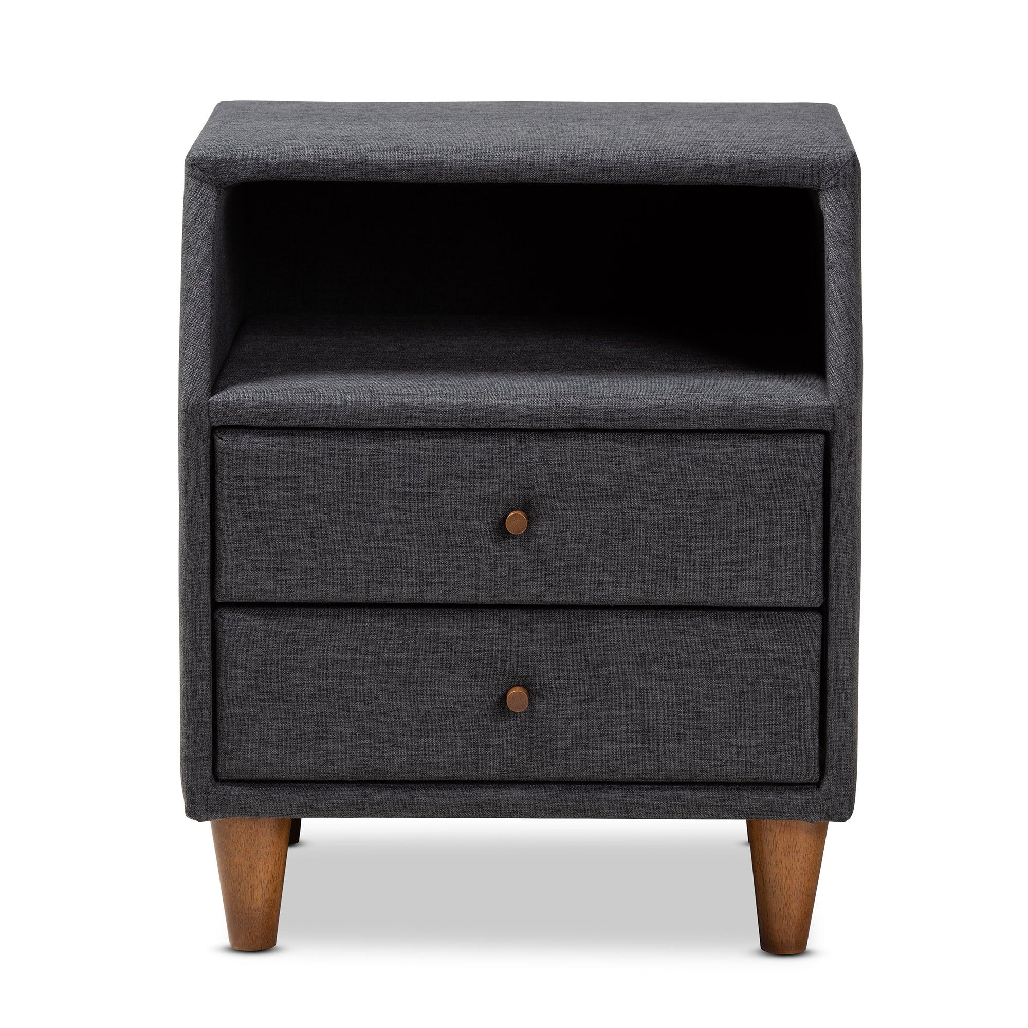 Claverie Mid-Century Modern Fabric Upholstered 2-Drawer Wood Nightstand