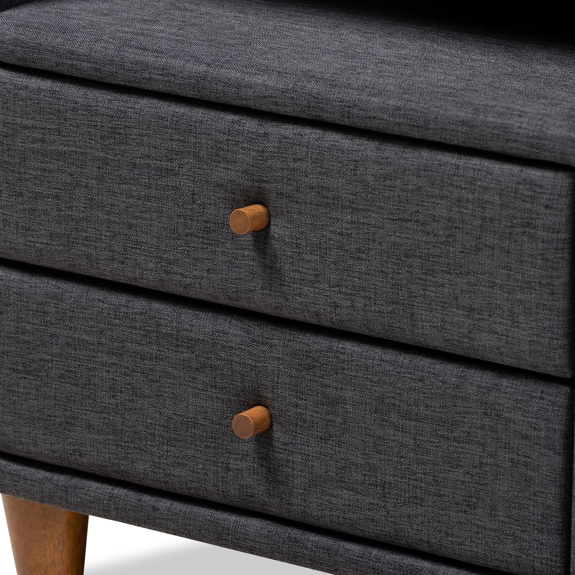 Claverie Mid-Century Modern Fabric Upholstered 2-Drawer Wood Nightstand