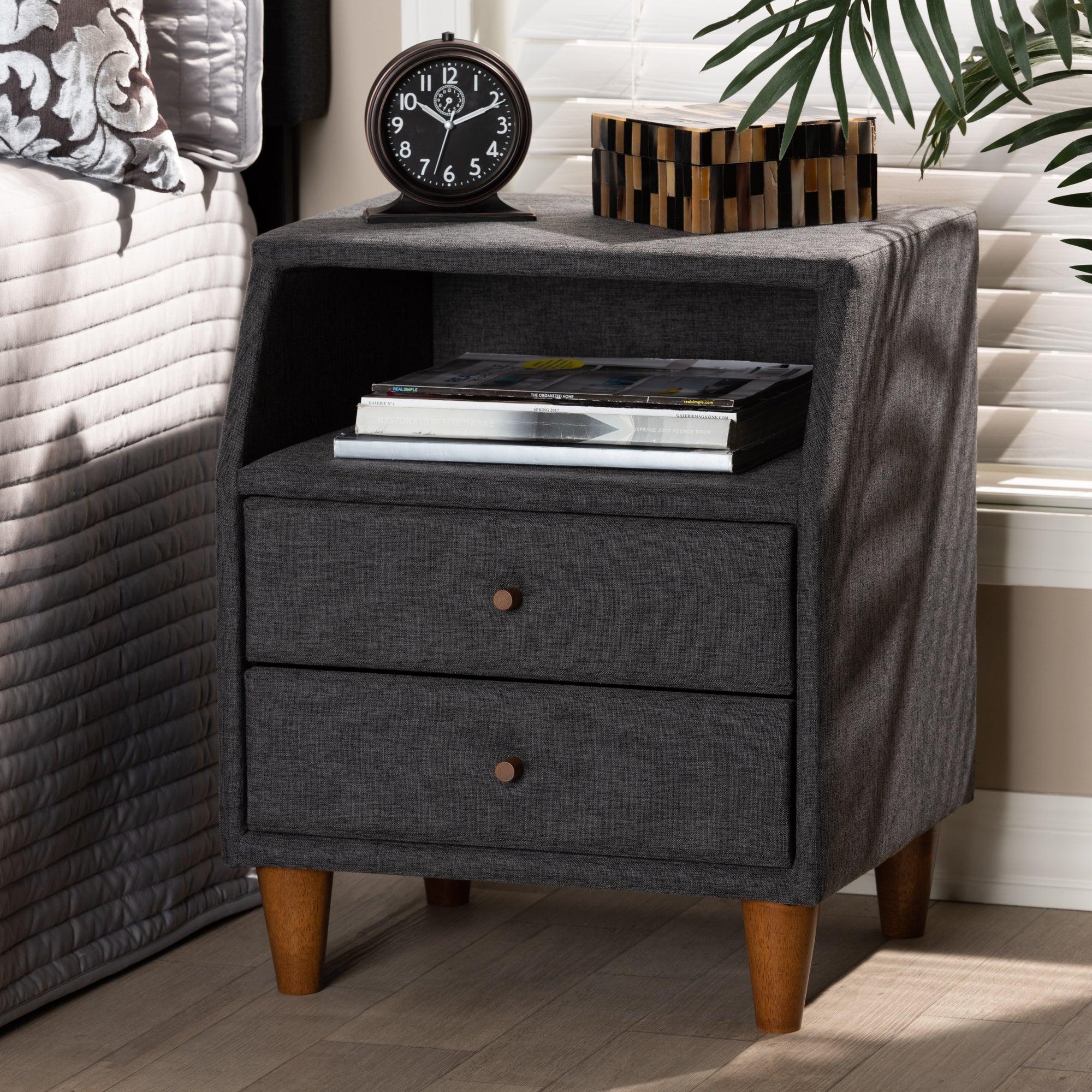 Claverie Mid-Century Modern Fabric Upholstered 2-Drawer Wood Nightstand