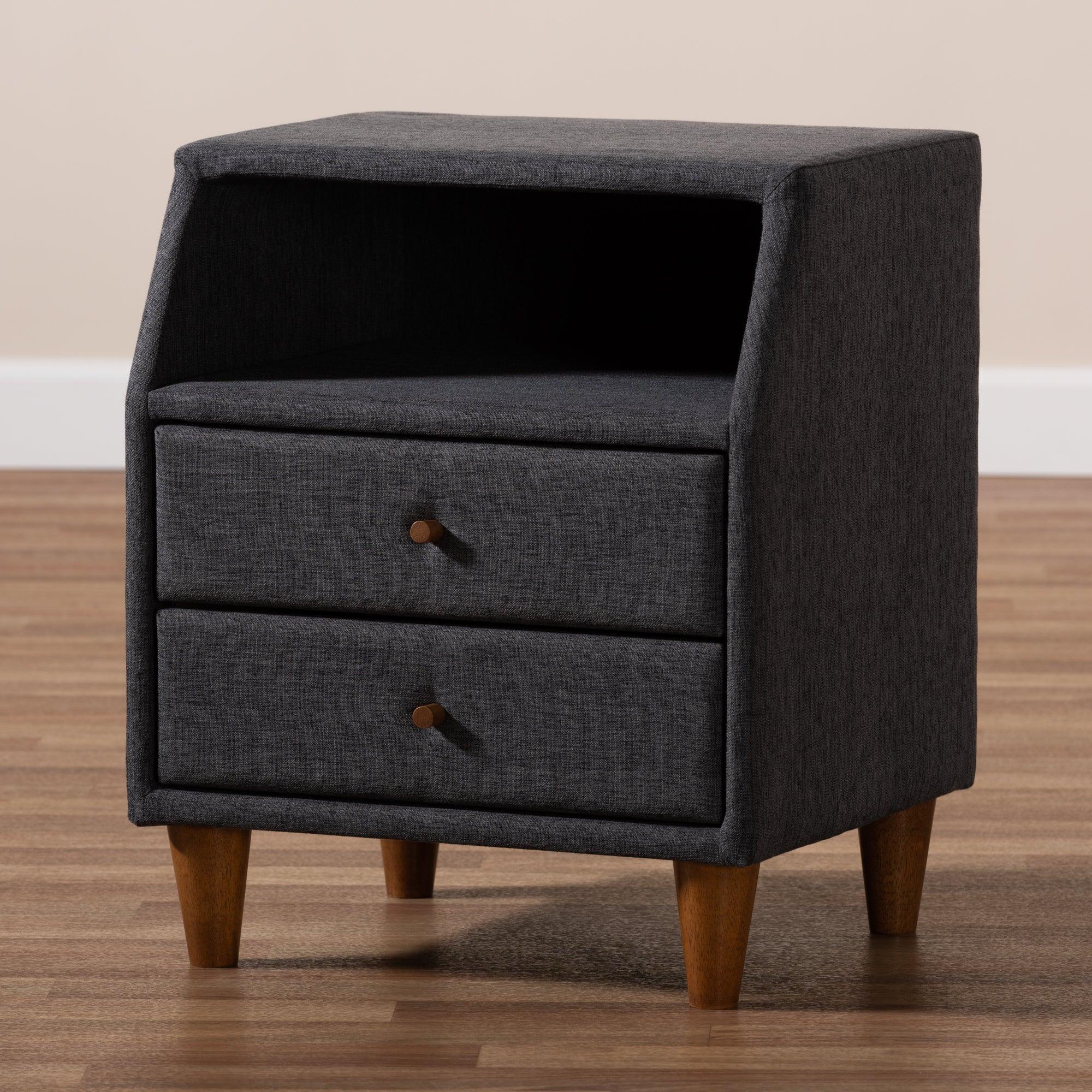 Claverie Mid-Century Modern Fabric Upholstered 2-Drawer Wood Nightstand