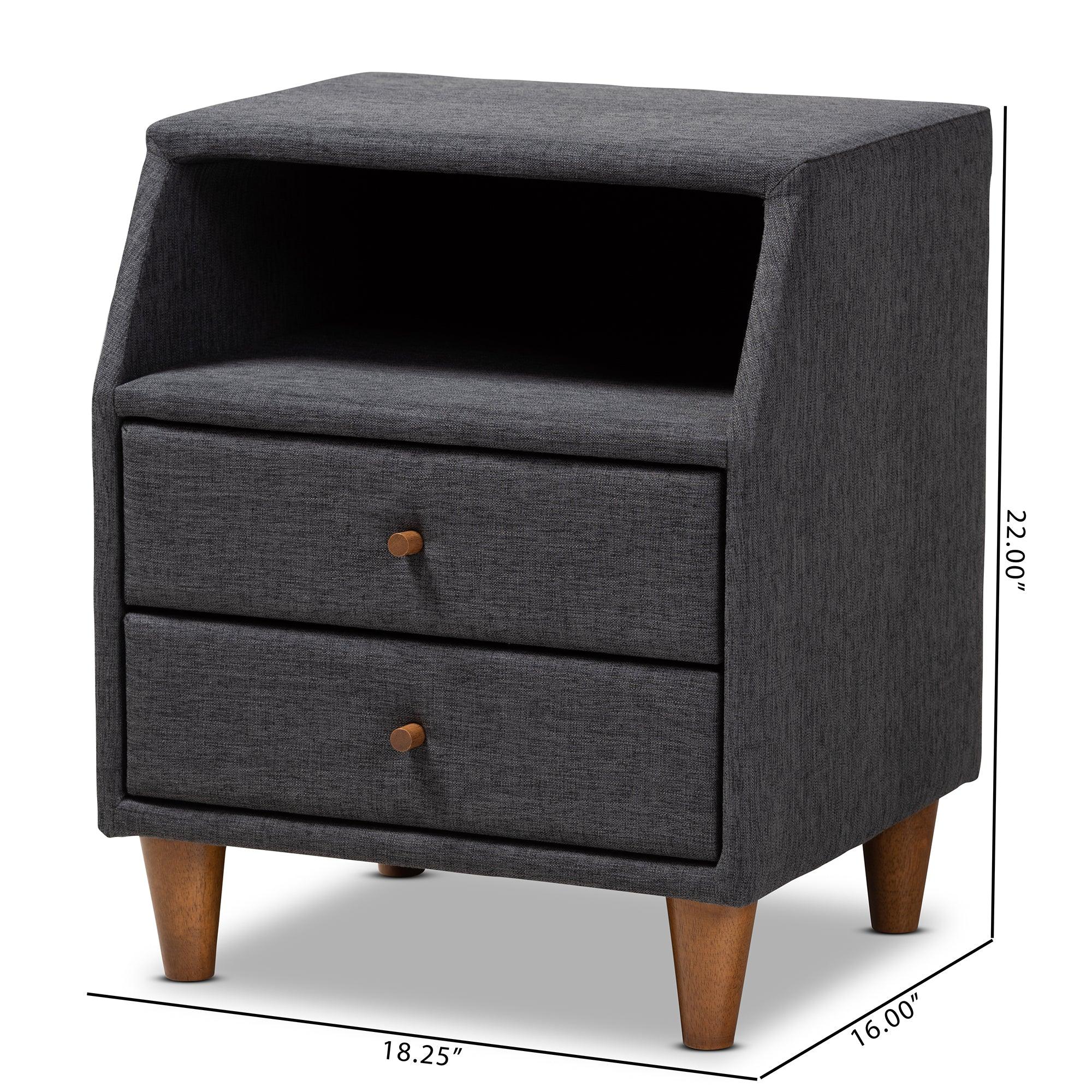 Claverie Mid-Century Modern Fabric Upholstered 2-Drawer Wood Nightstand