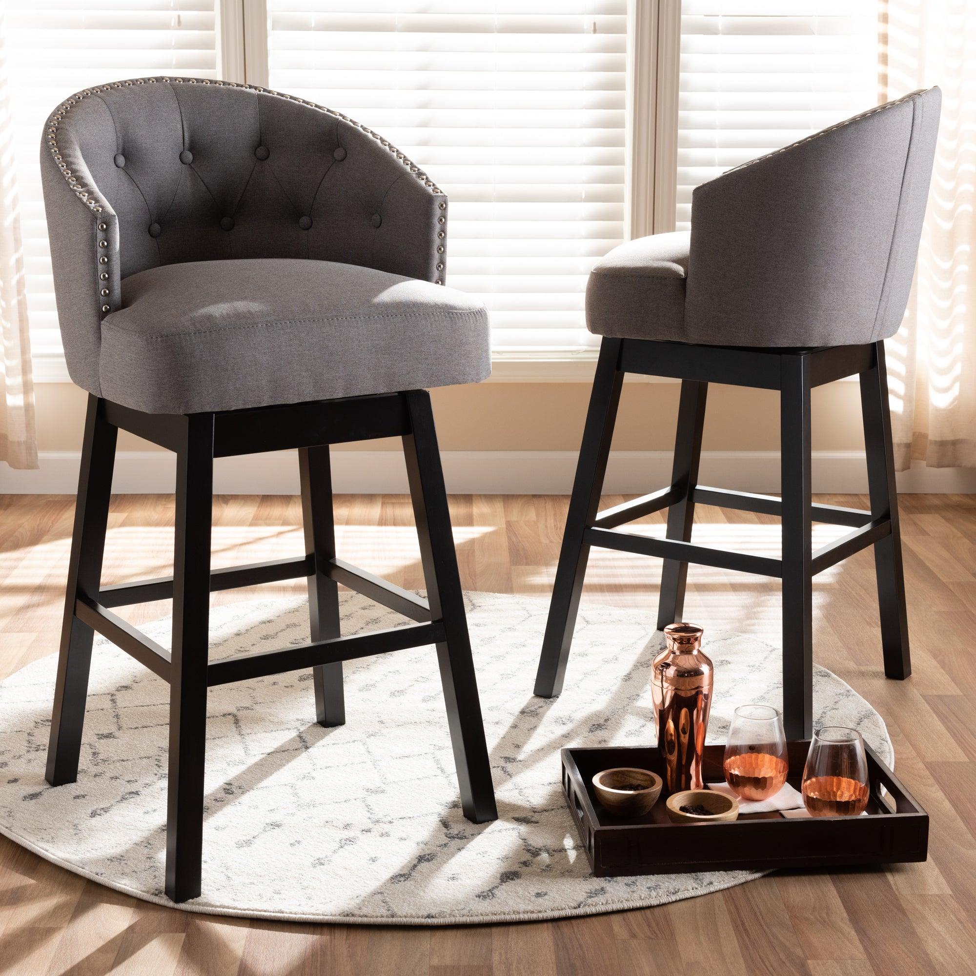 Theron Transitional Fabric Upholstered Wood Swivel Bar Stool Set of 2