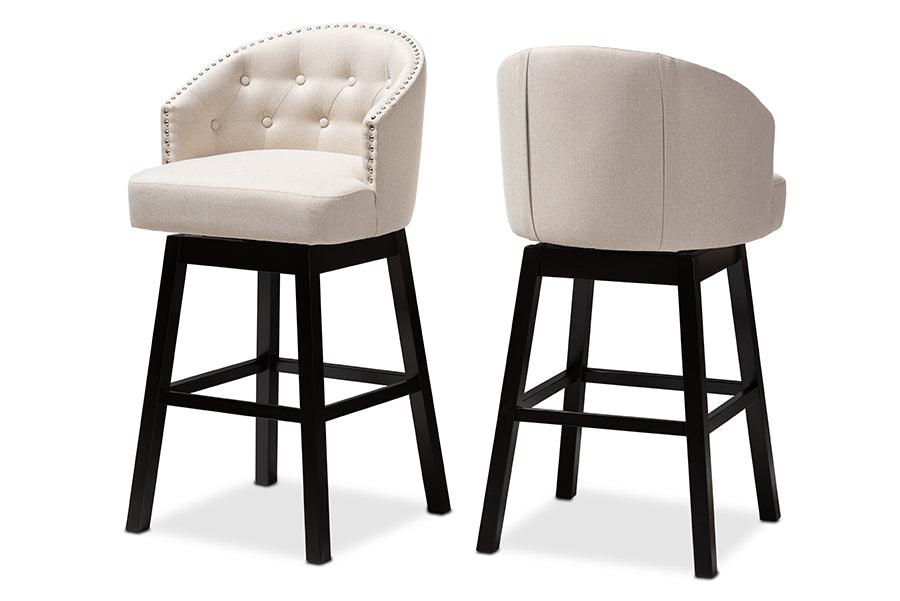 Theron Transitional Light Fabric Upholstered Wood Swivel Bar Stool Set of 2