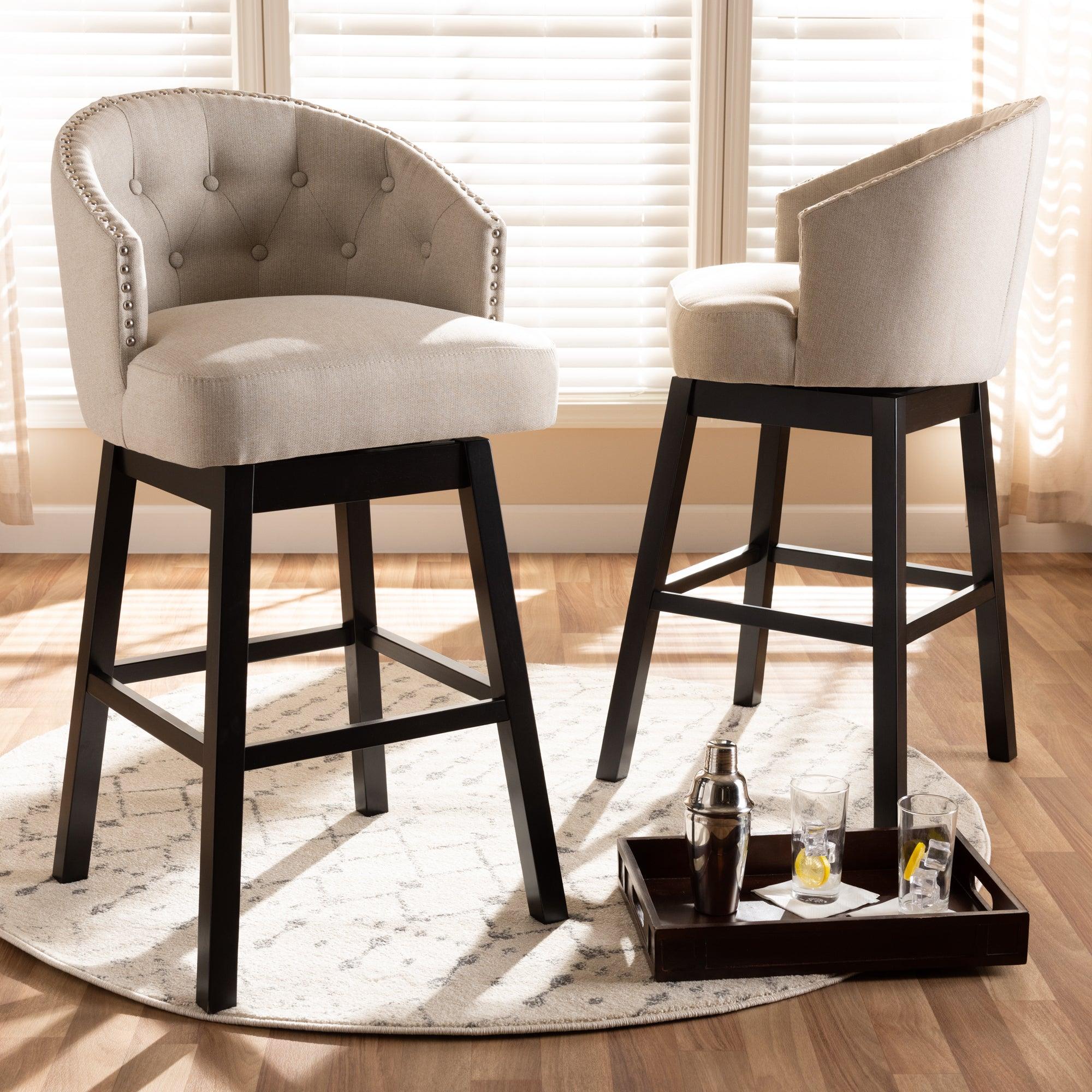 Theron Transitional Light Fabric Upholstered Wood Swivel Bar Stool Set of 2