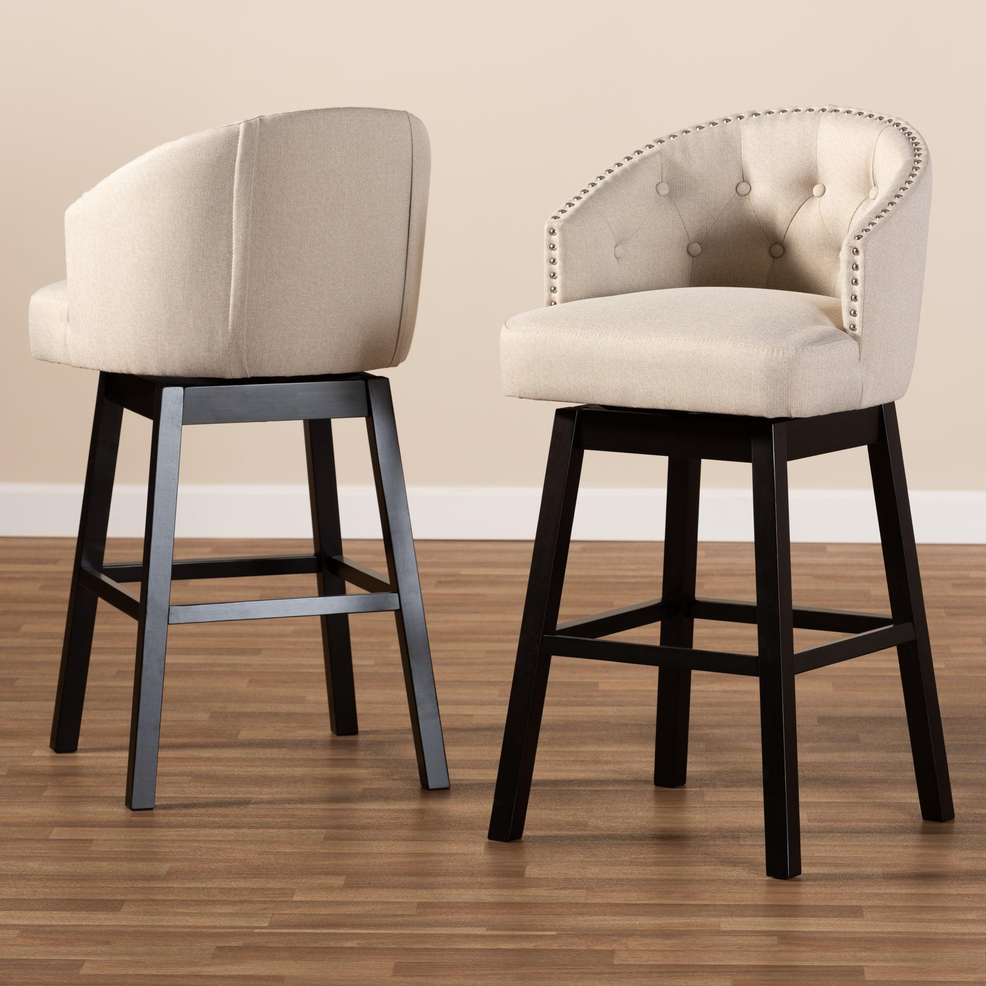 Theron Transitional Light Fabric Upholstered Wood Swivel Bar Stool Set of 2