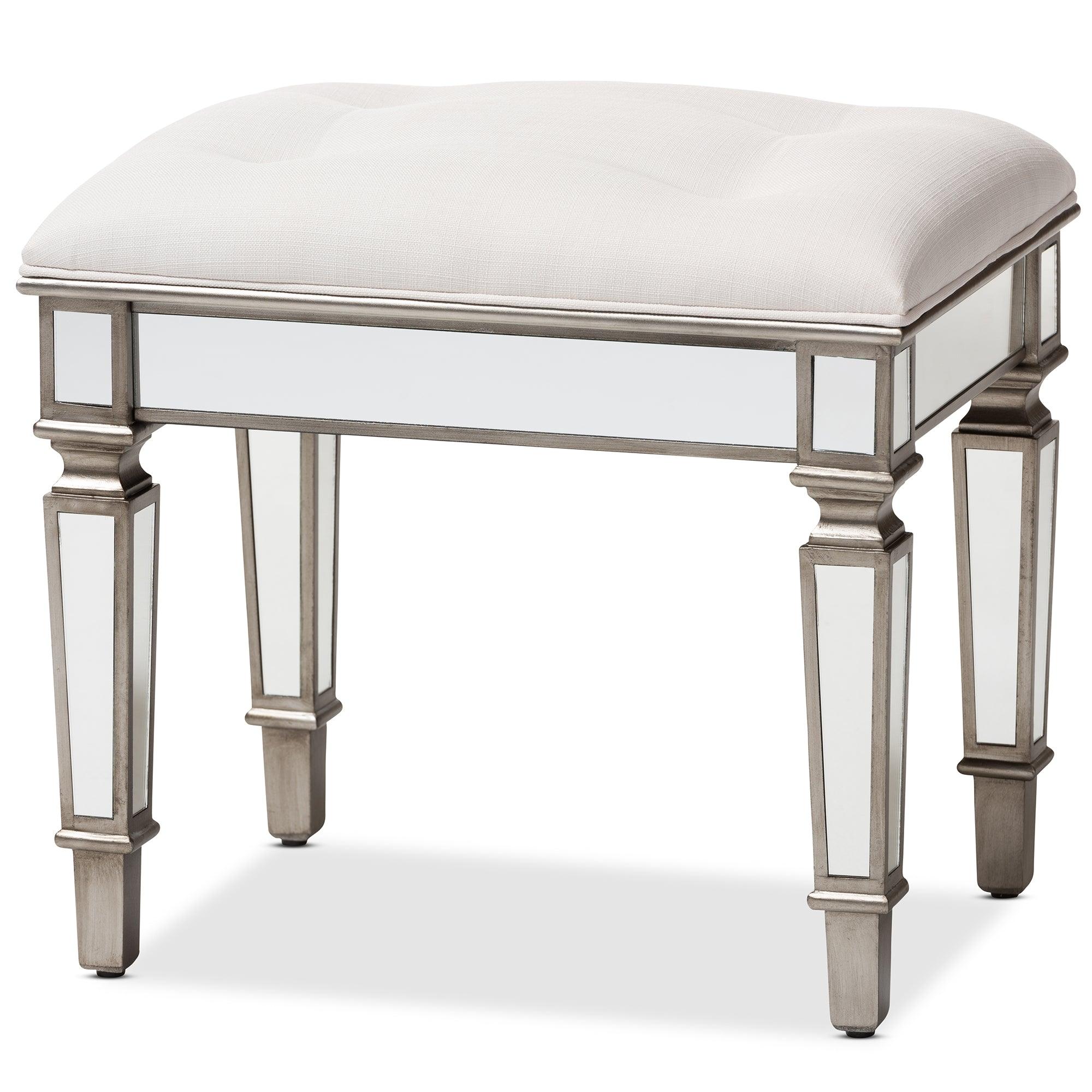 Marielle Hollywood Regency Glamour Style Off Fabric Upholstered Mirrored Ottoman Vanity Bench