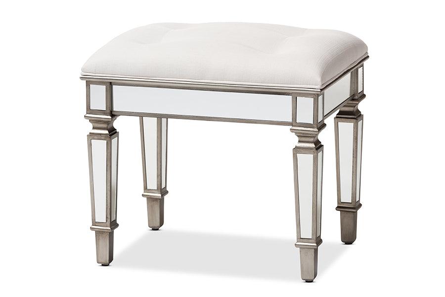 Marielle Hollywood Regency Glamour Style Off Fabric Upholstered Mirrored Ottoman Vanity Bench