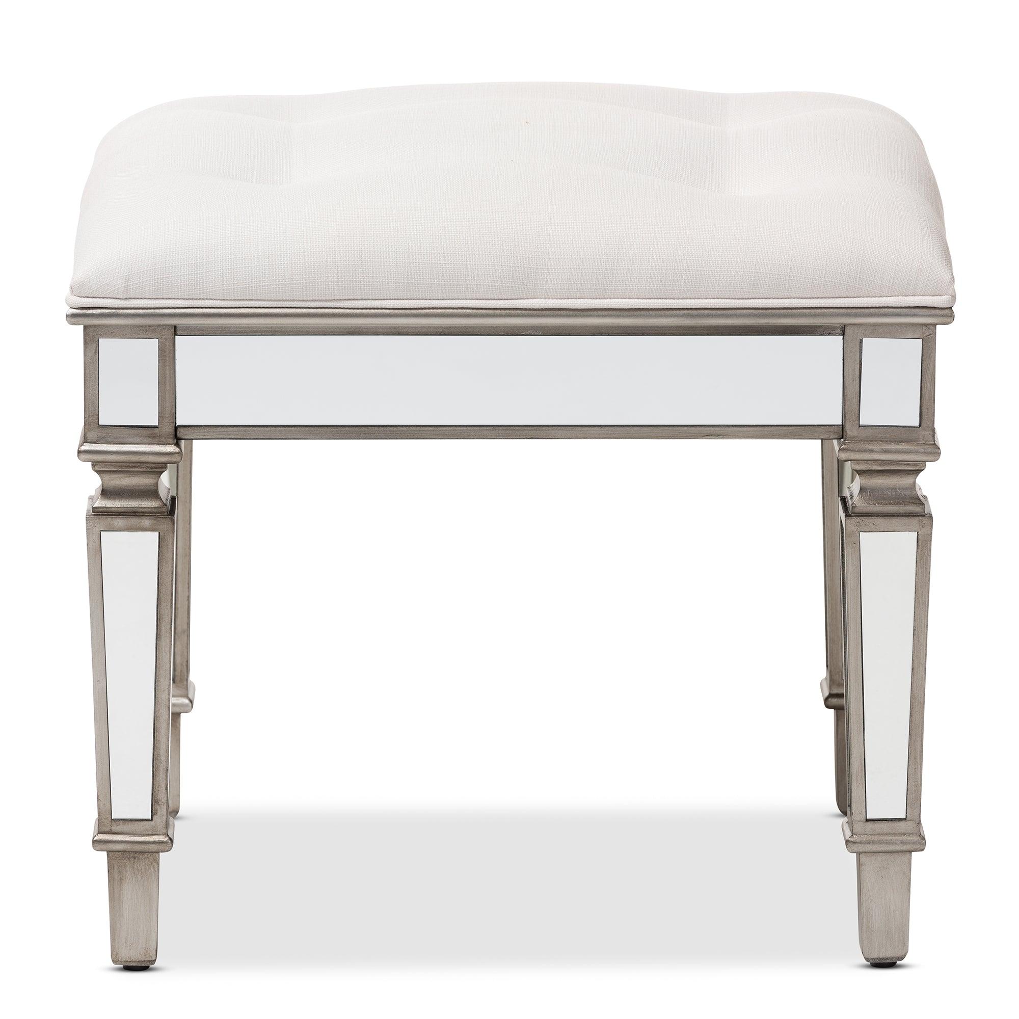 Marielle Hollywood Regency Glamour Style Off Fabric Upholstered Mirrored Ottoman Vanity Bench