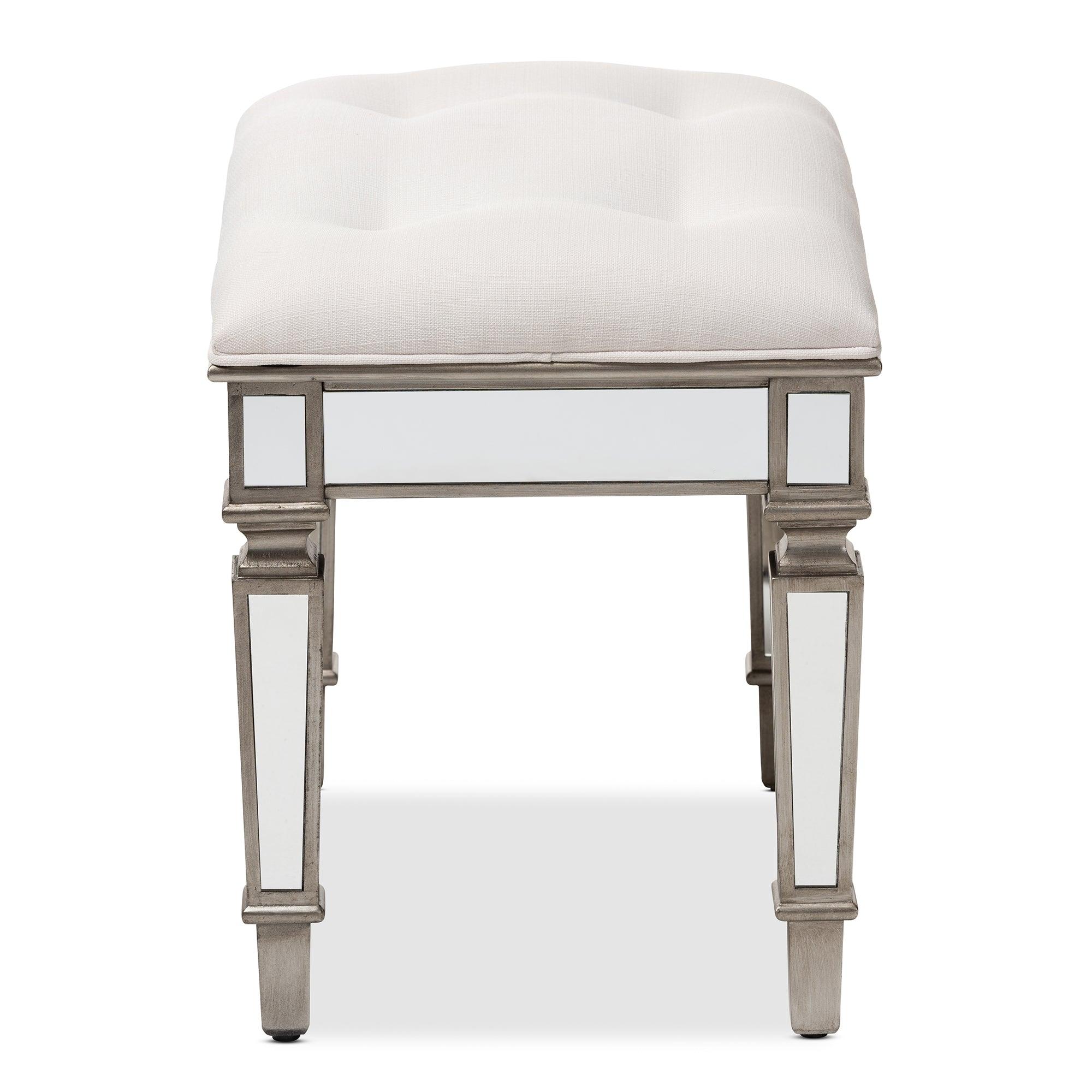 Marielle Hollywood Regency Glamour Style Off Fabric Upholstered Mirrored Ottoman Vanity Bench