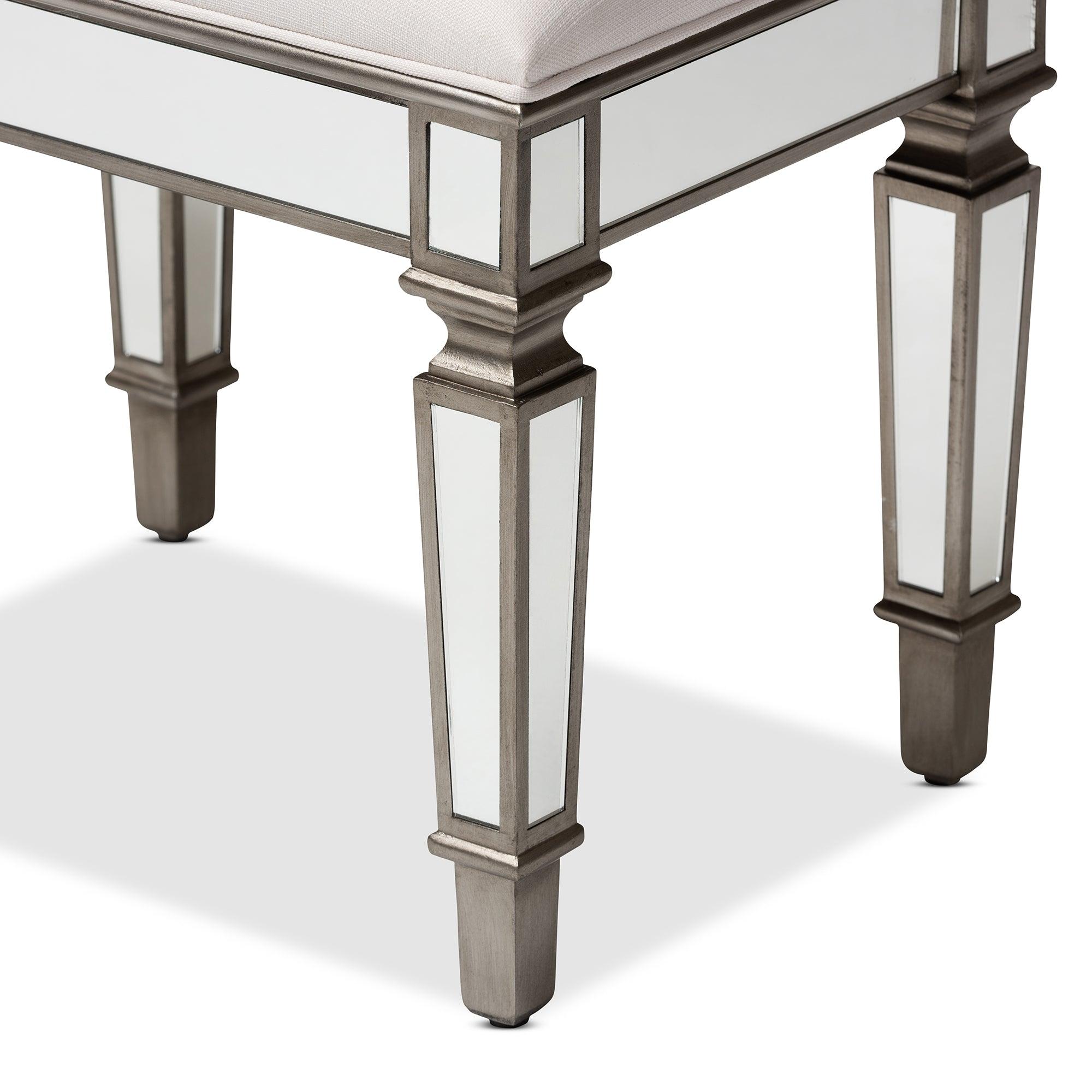 Marielle Hollywood Regency Glamour Style Off Fabric Upholstered Mirrored Ottoman Vanity Bench