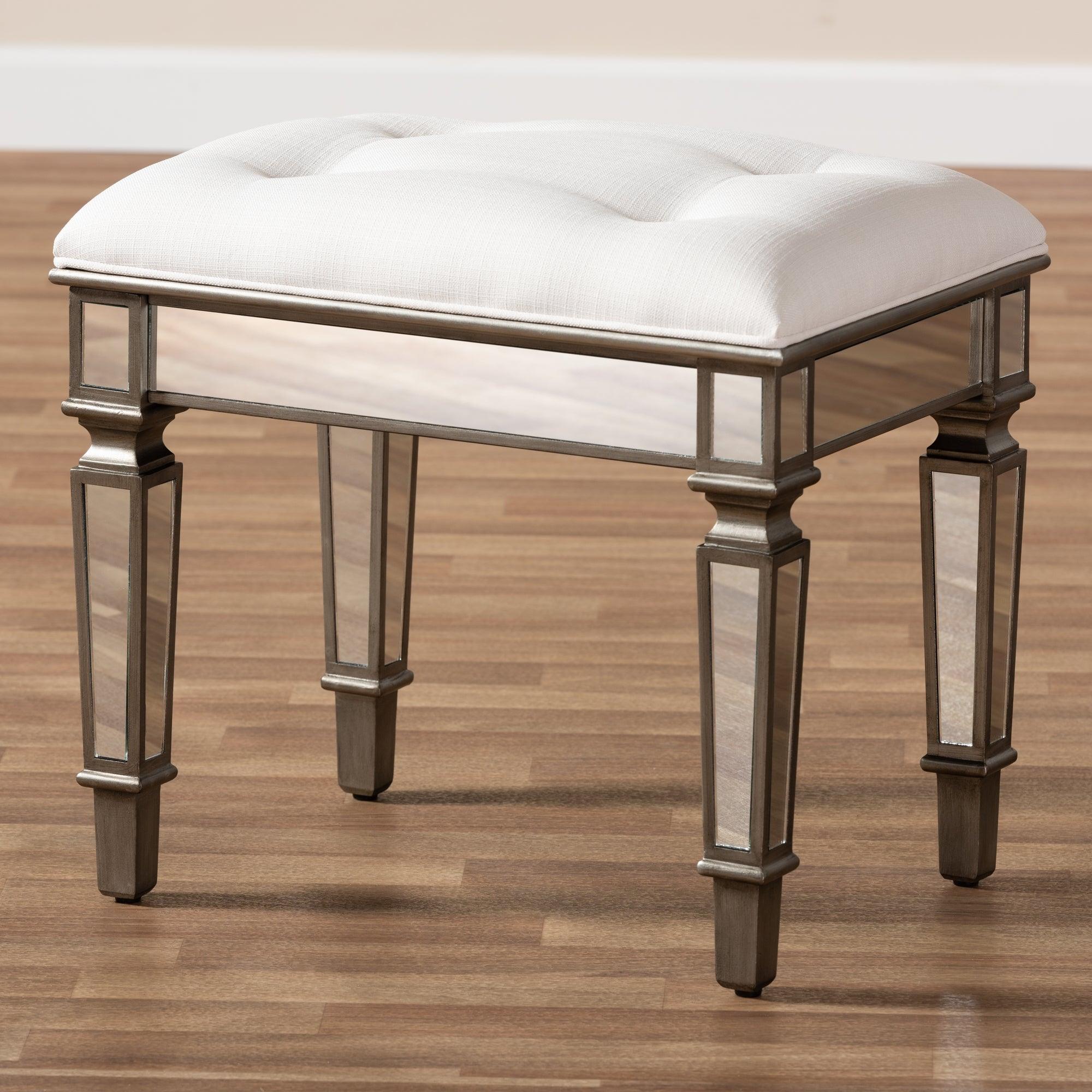 Marielle Hollywood Regency Glamour Style Off Fabric Upholstered Mirrored Ottoman Vanity Bench