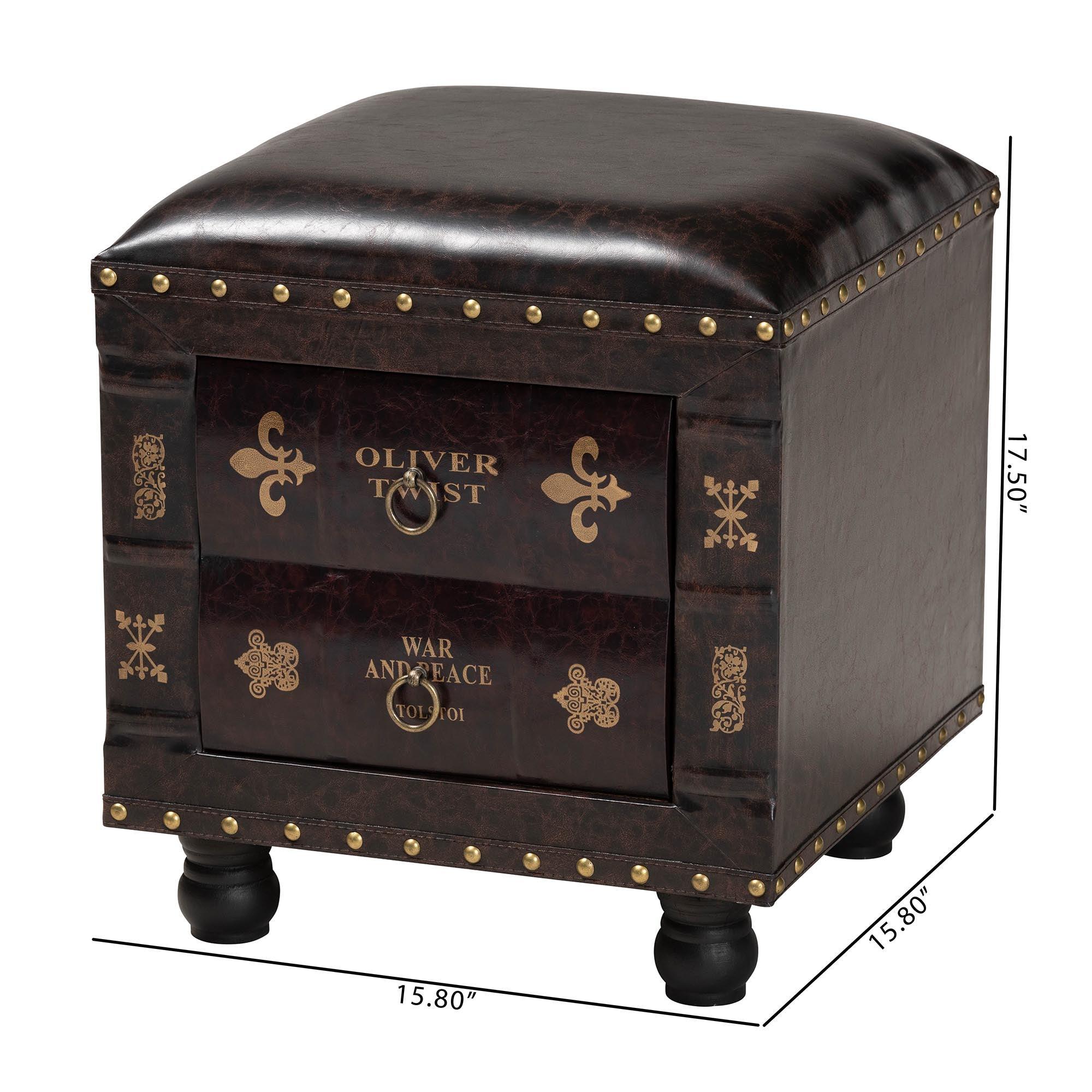 Charlier Rustic Antique Inspired Faux Leather Upholstered Wood Storage Ottoman with Book Spine Drawer