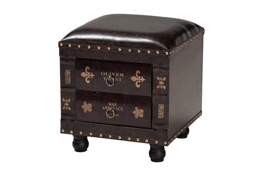 Charlier Rustic Antique Inspired Faux Leather Upholstered Wood Storage Ottoman with Book Spine Drawer