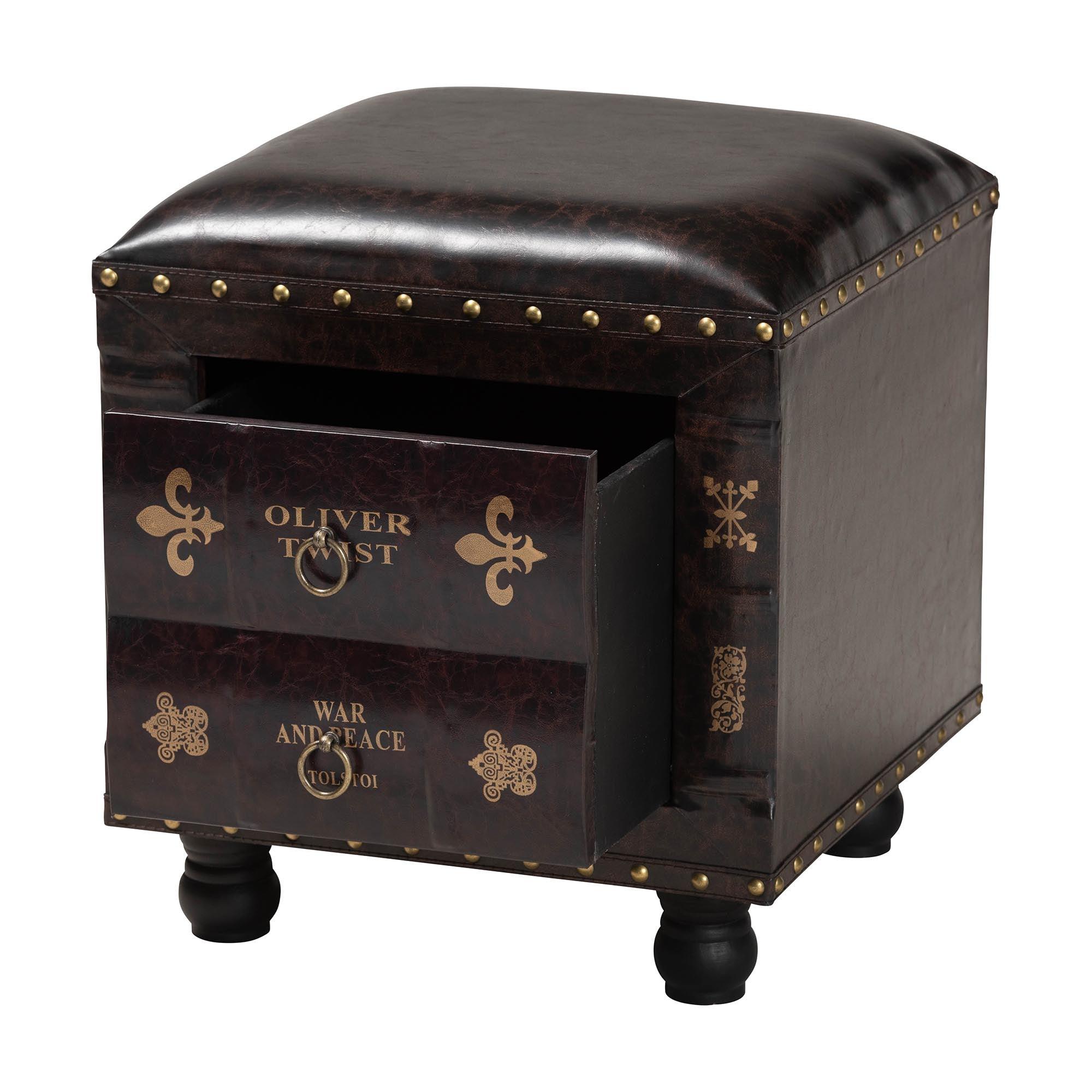 Charlier Rustic Antique Inspired Faux Leather Upholstered Wood Storage Ottoman with Book Spine Drawer