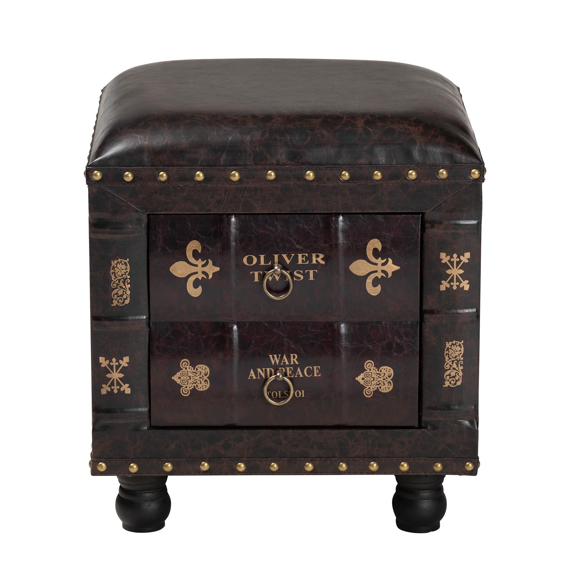 Charlier Rustic Antique Inspired Faux Leather Upholstered Wood Storage Ottoman with Book Spine Drawer