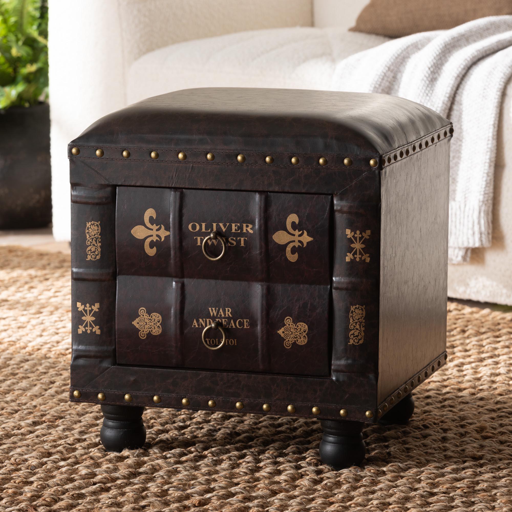 Charlier Rustic Antique Inspired Faux Leather Upholstered Wood Storage Ottoman with Book Spine Drawer