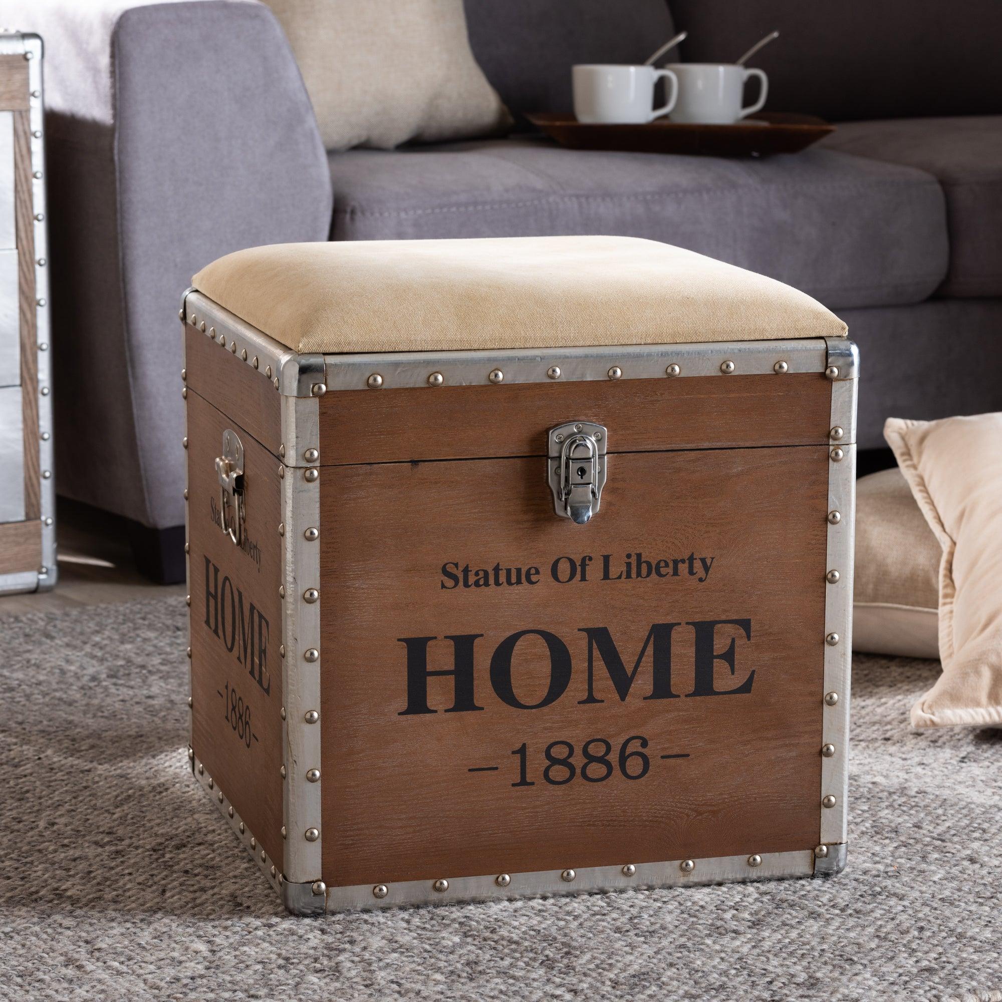 Violetta Vintage Industrial Fabric Upholstered Wood Storage Trunk Ottoman