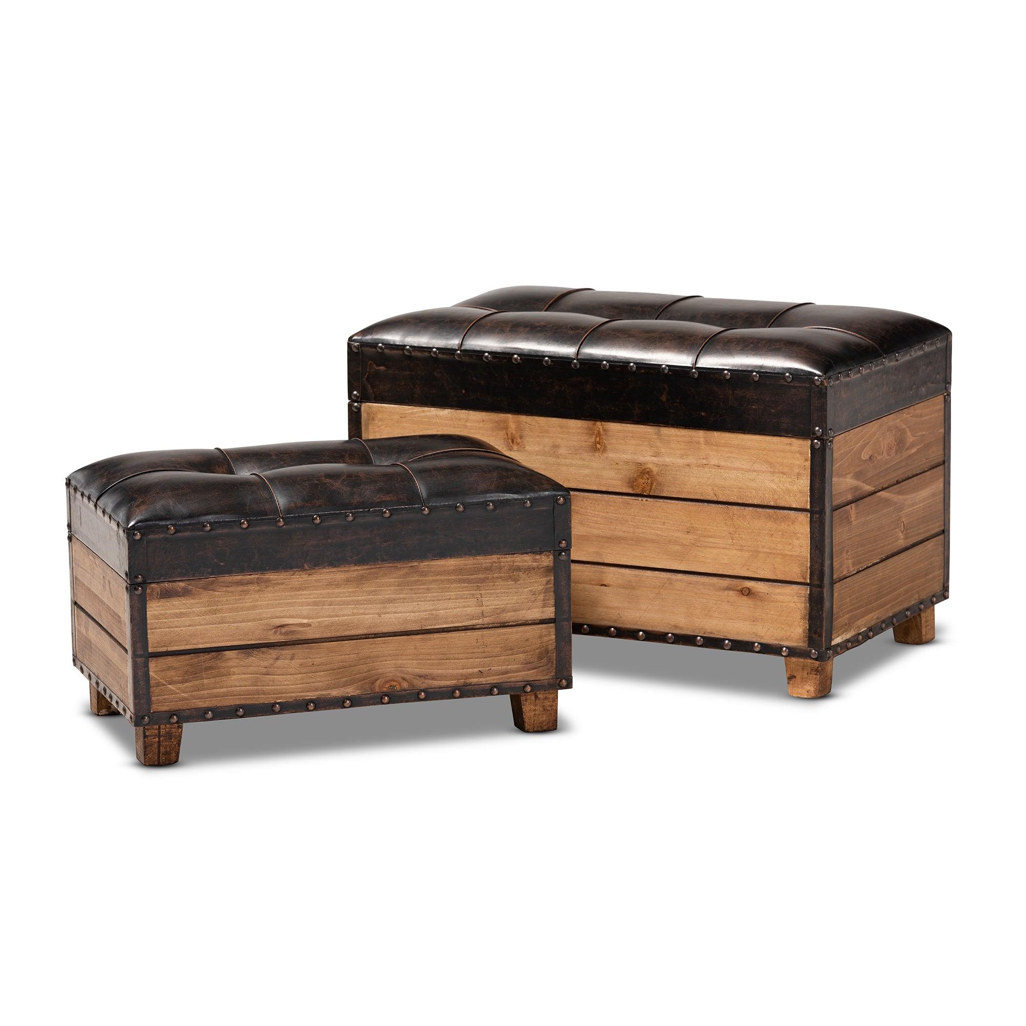 Marelli Rustic Faux Leather Upholstered 2-Piece Wood Storage Trunk Ottoman Set