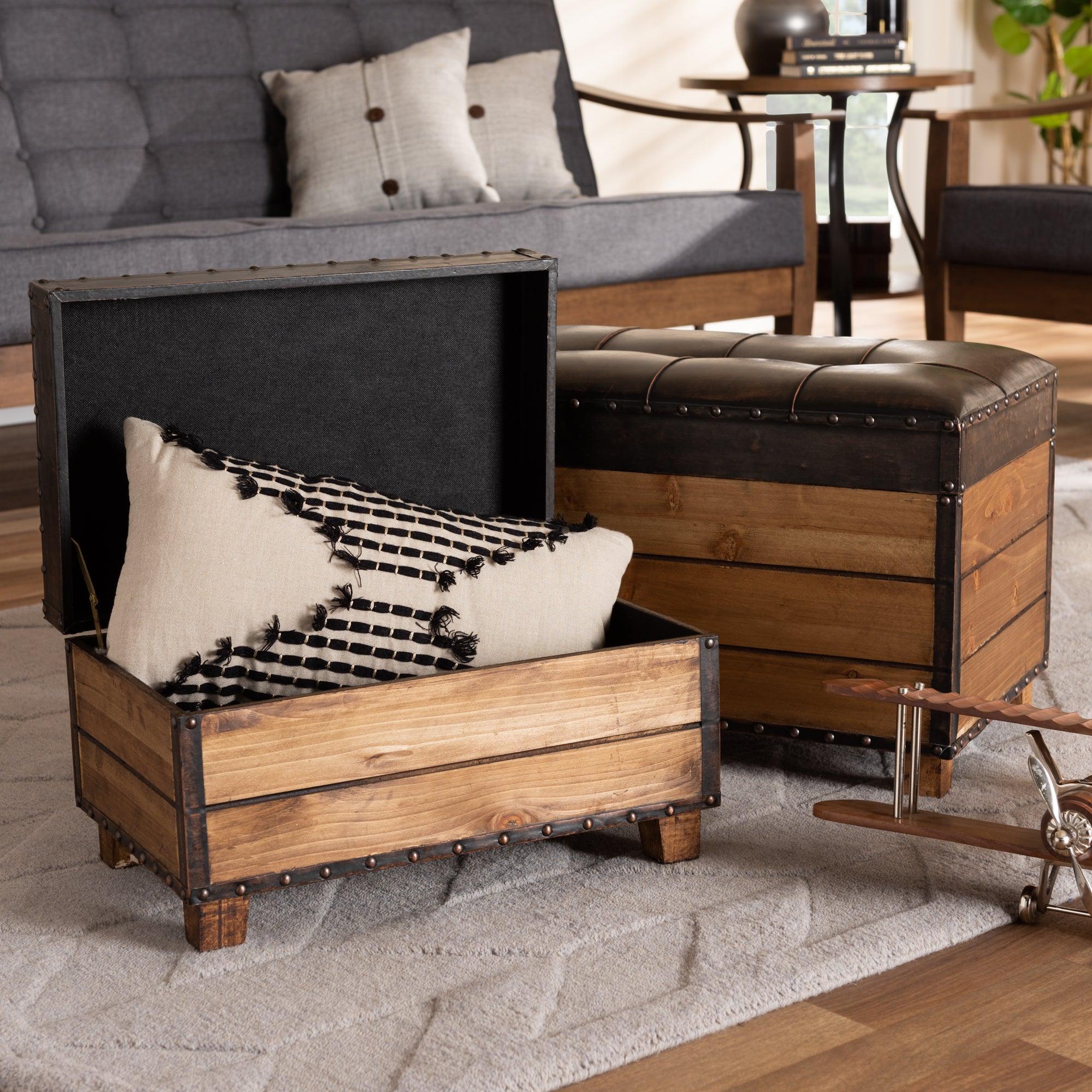 Marelli Rustic Faux Leather Upholstered 2-Piece Wood Storage Trunk Ottoman Set