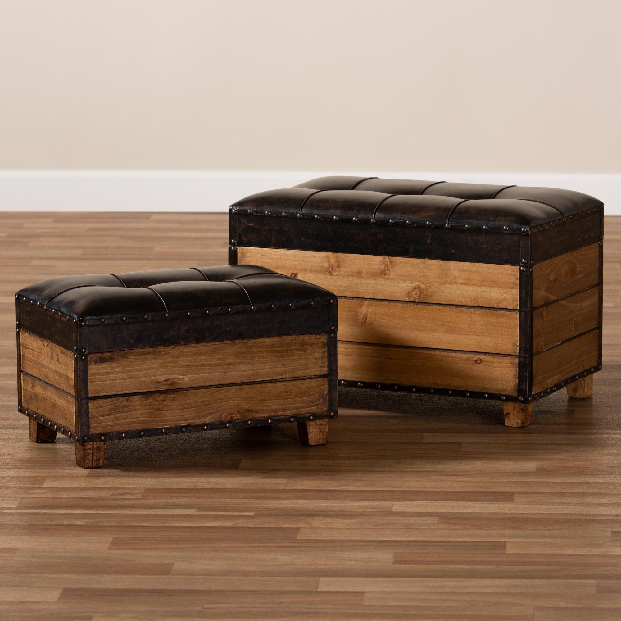 Marelli Rustic Faux Leather Upholstered 2-Piece Wood Storage Trunk Ottoman Set