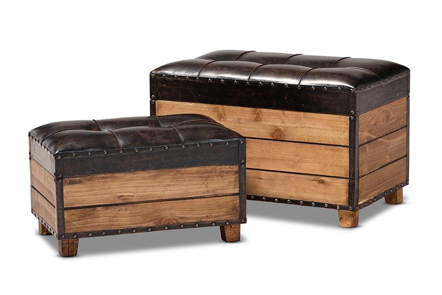 Marelli Rustic Faux Leather Upholstered 2-Piece Wood Storage Trunk Ottoman Set