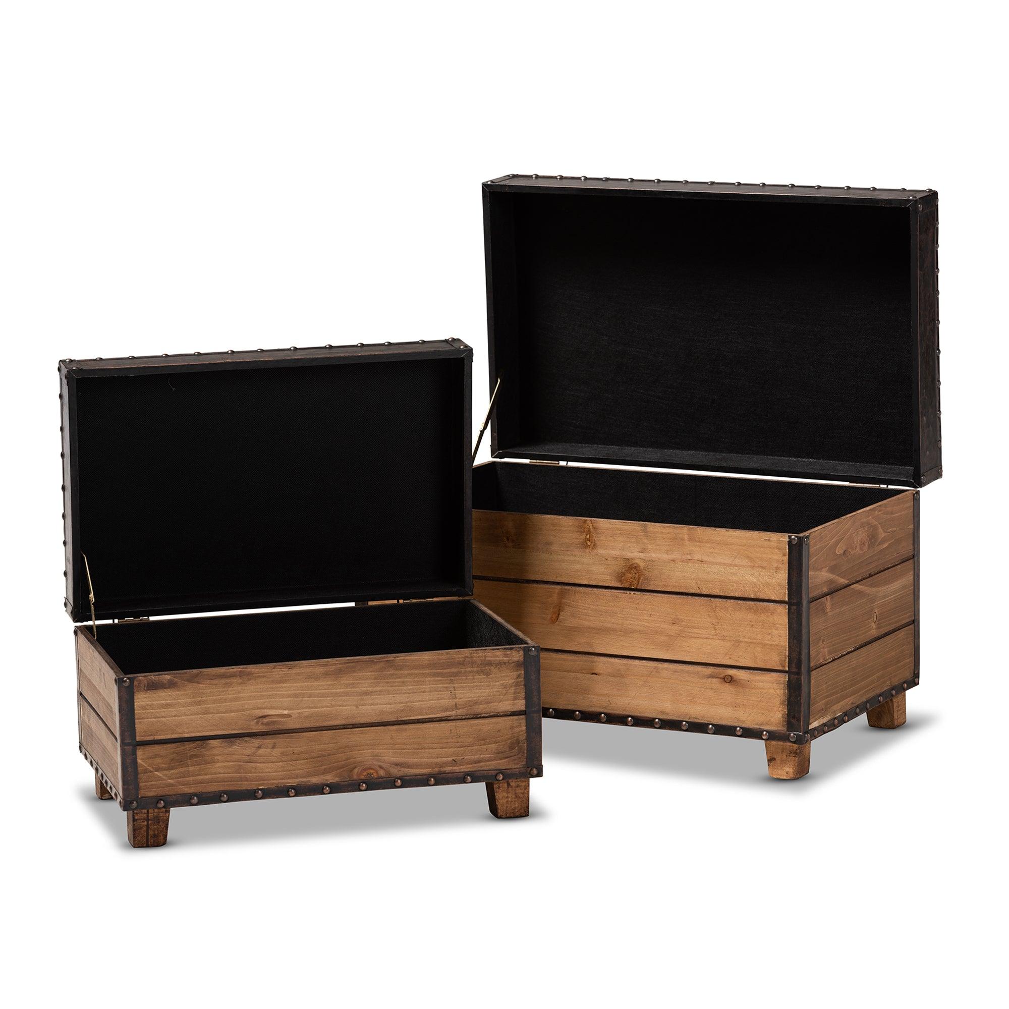 Marelli Rustic Faux Leather Upholstered 2-Piece Wood Storage Trunk Ottoman Set