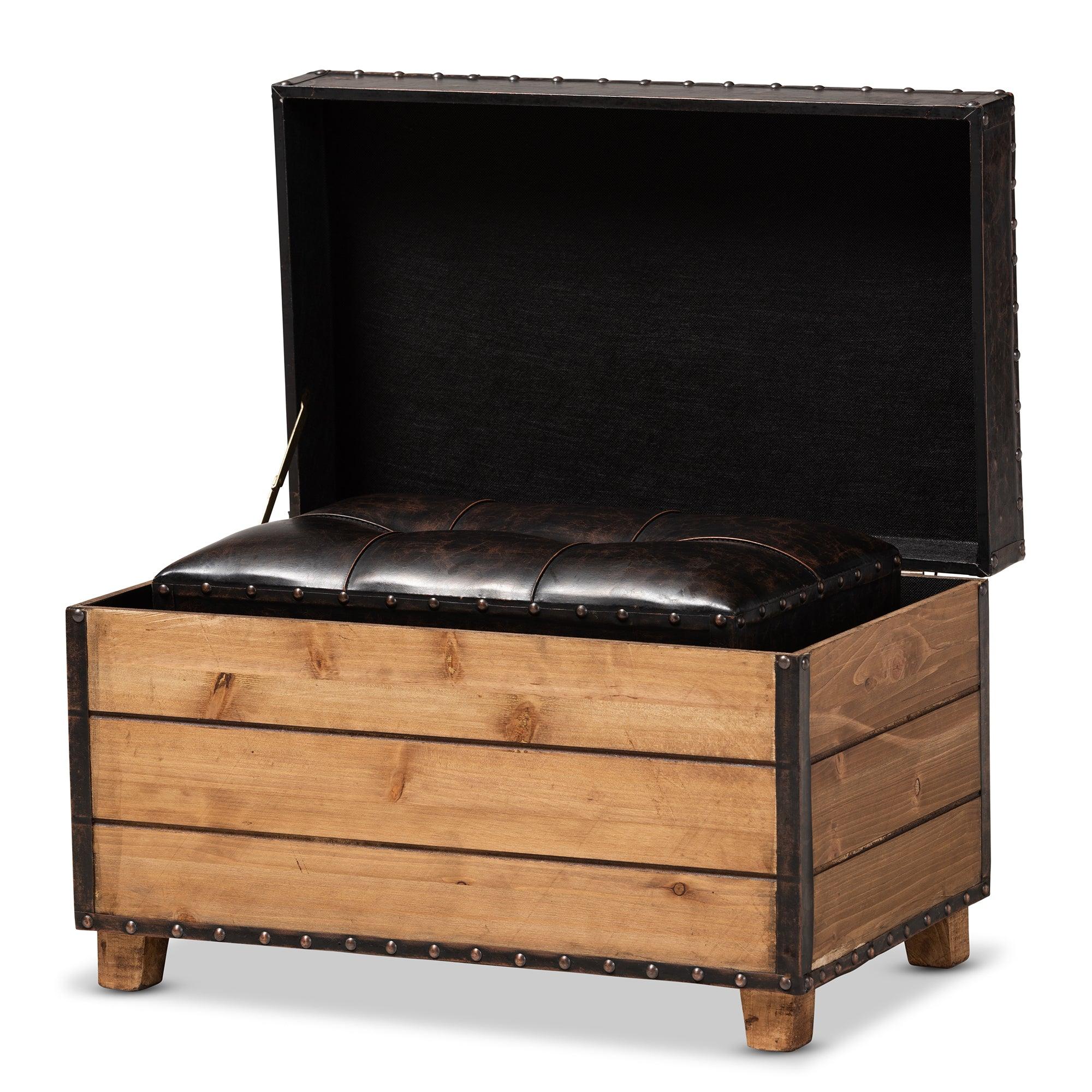 Marelli Rustic Faux Leather Upholstered 2-Piece Wood Storage Trunk Ottoman Set