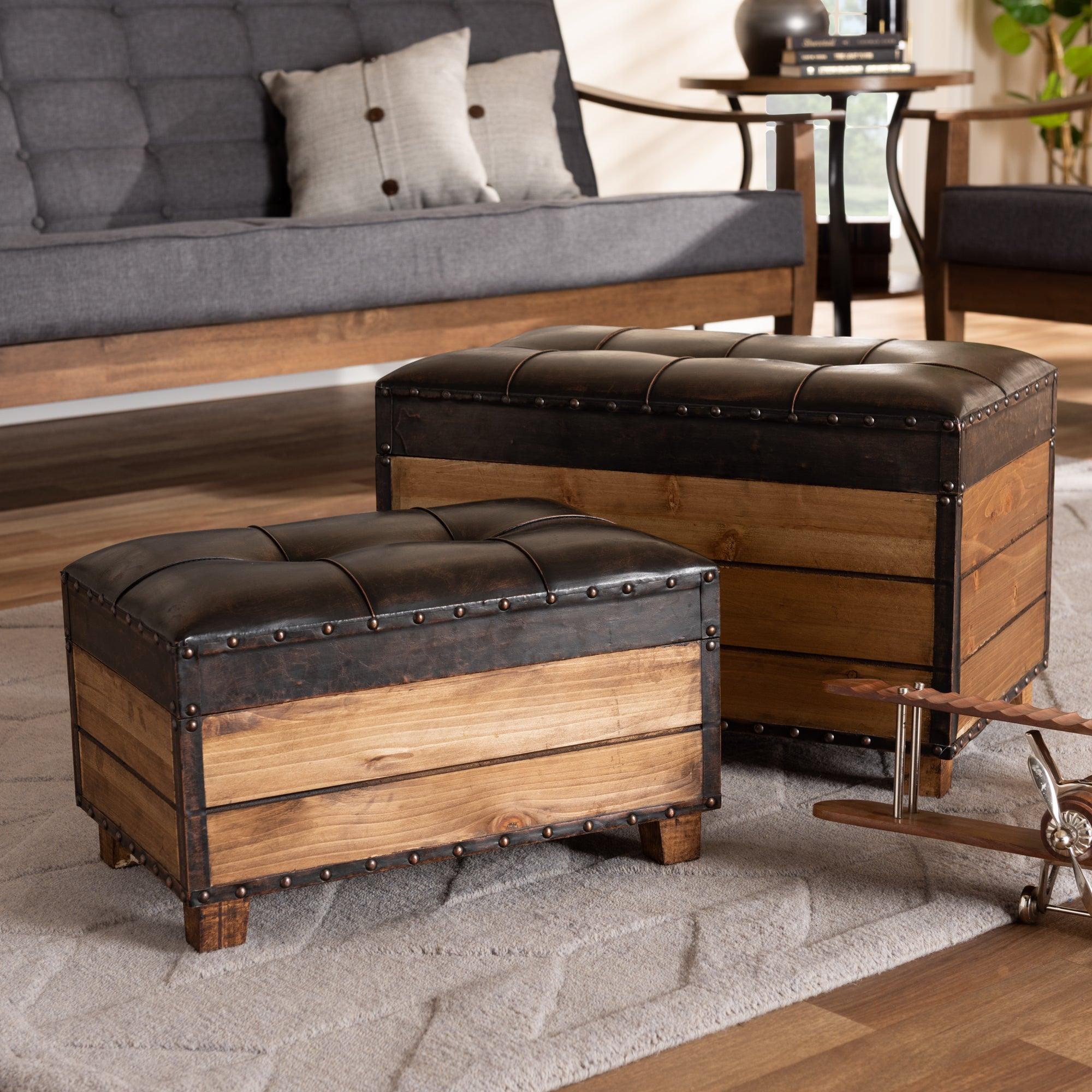 Marelli Rustic Faux Leather Upholstered 2-Piece Wood Storage Trunk Ottoman Set