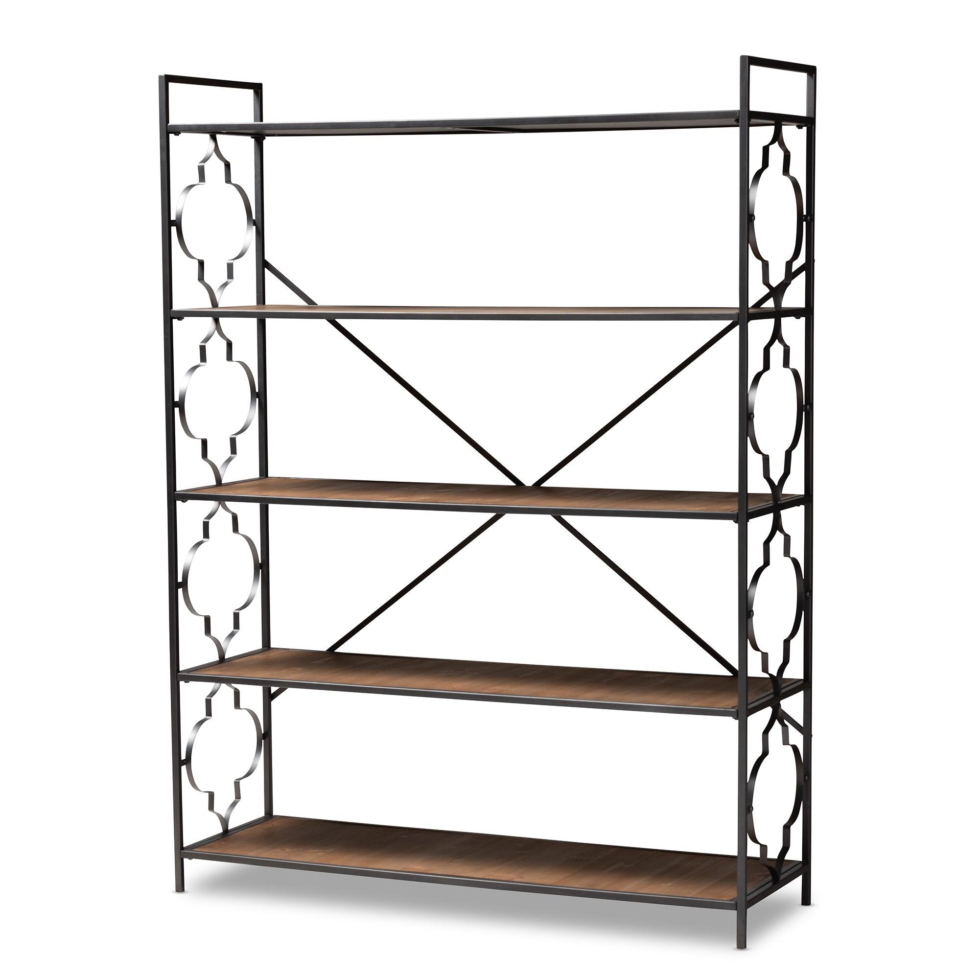 Mirna Industrial Iron Metal and Wood 5-Shelf Quatrefoil Accent Bookcase