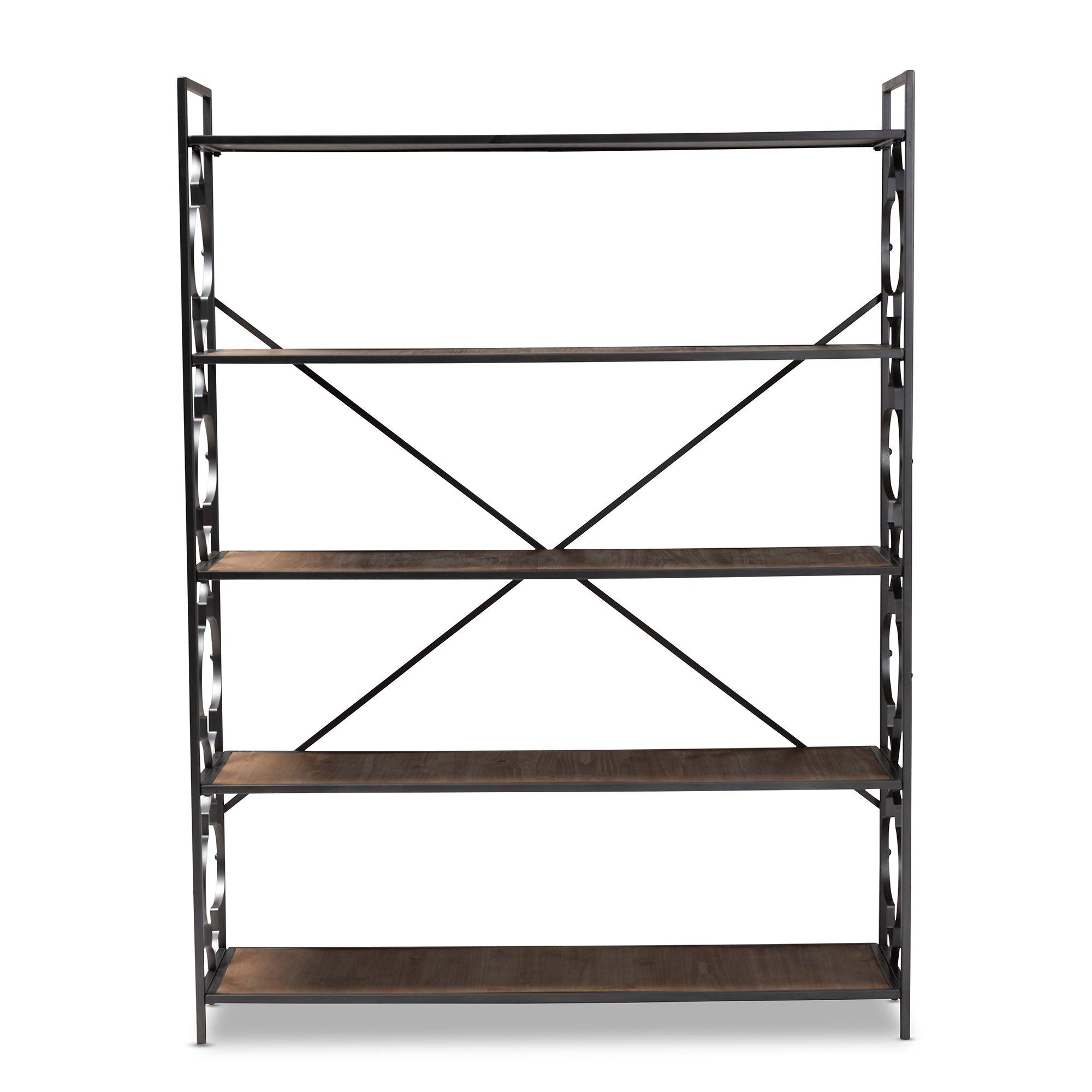 Mirna Industrial Iron Metal and Wood 5-Shelf Quatrefoil Accent Bookcase