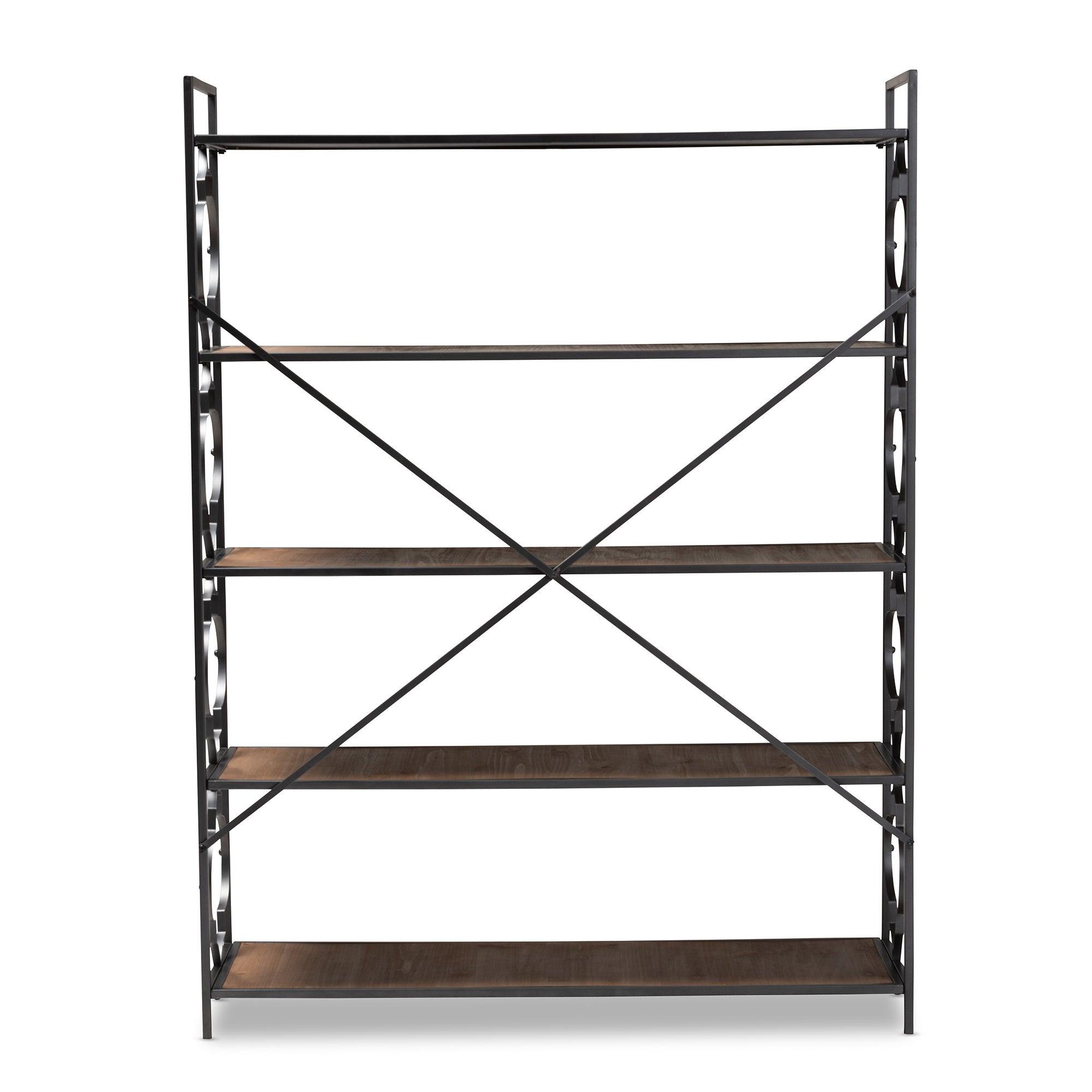 Mirna Industrial Iron Metal and Wood 5-Shelf Quatrefoil Accent Bookcase