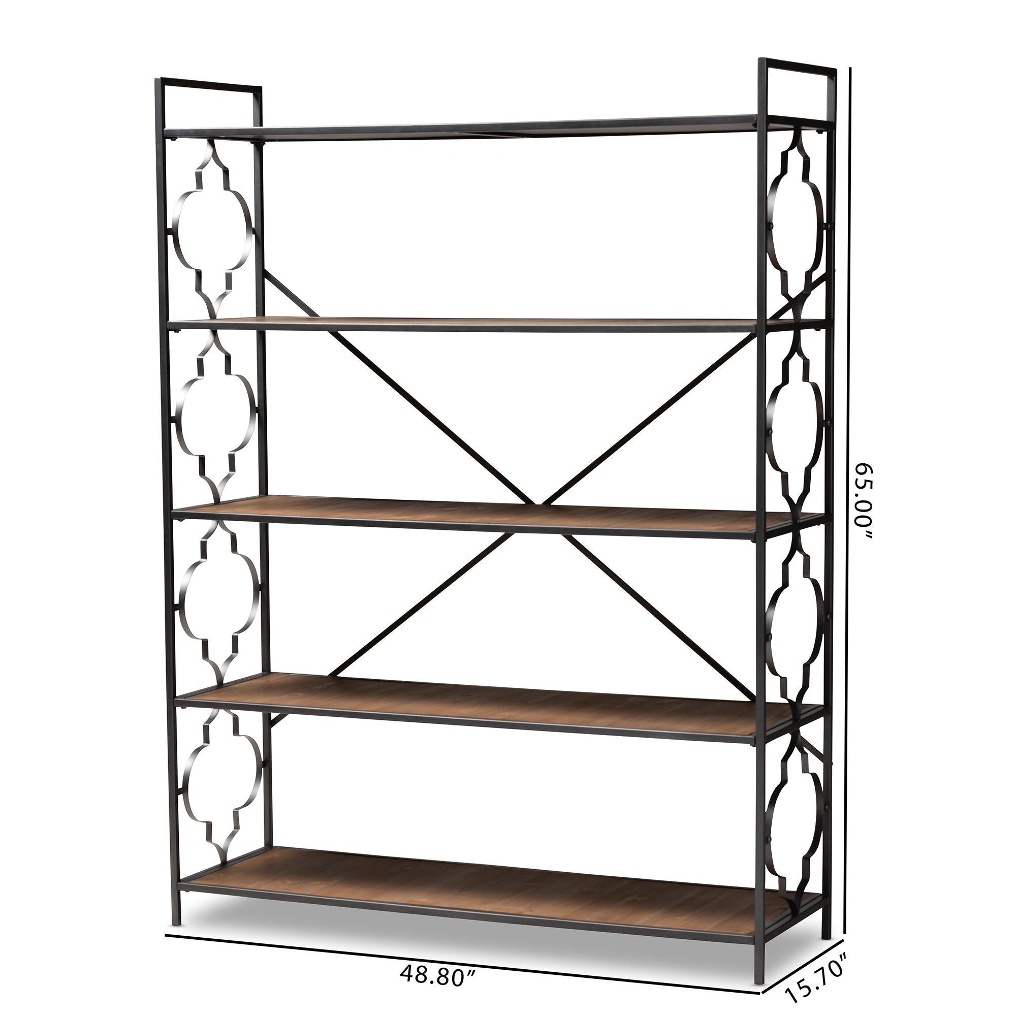 Mirna Industrial Iron Metal and Wood 5-Shelf Quatrefoil Accent Bookcase