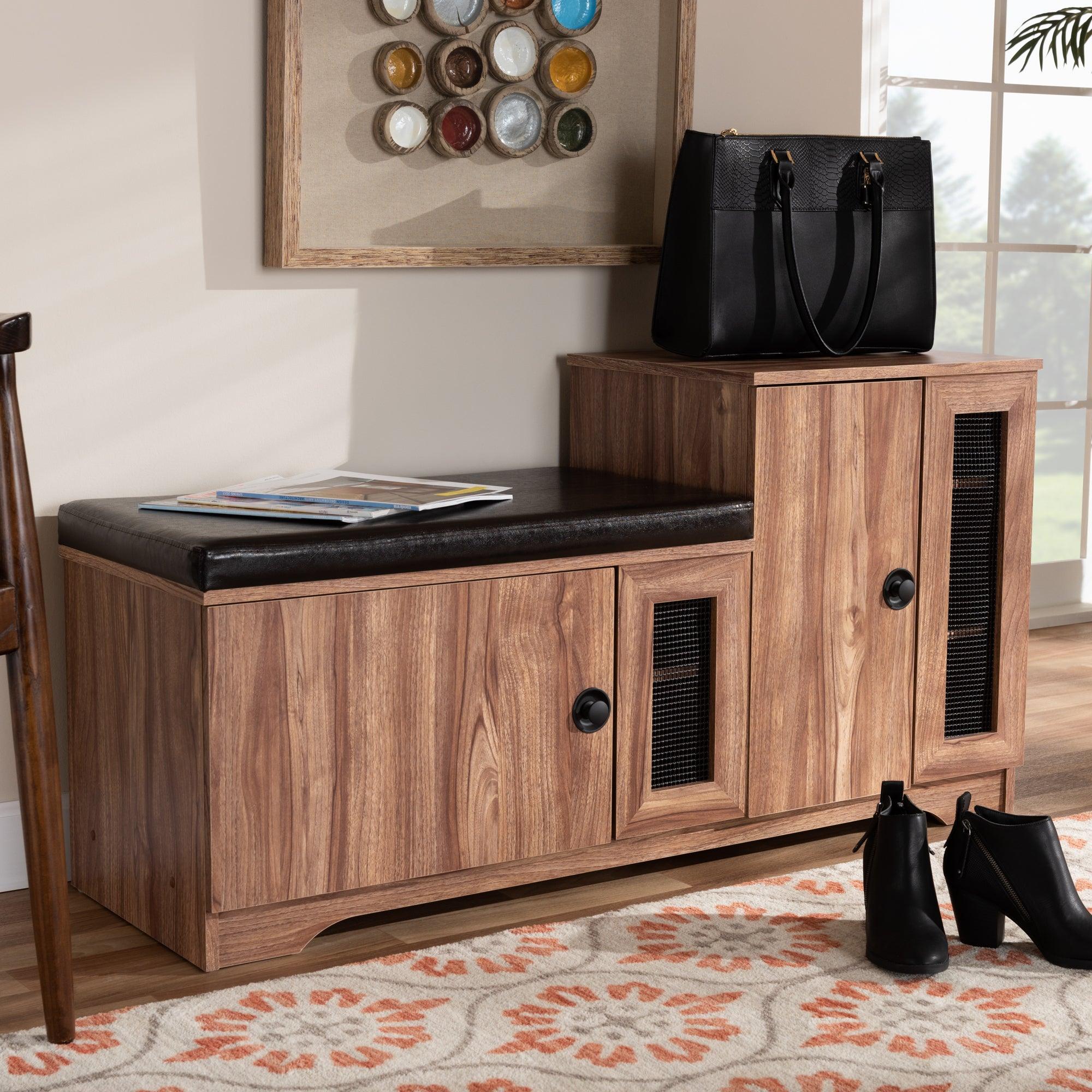 Valina Modern and Contemporary Faux Leather Upholstered 2-Door Wood Shoe Storage Bench with Cabinet