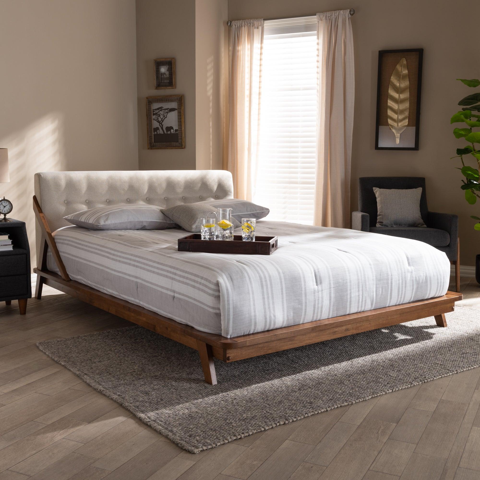 Sante Mid-Century Modern Light Fabric Upholstered Wood Platform Bed