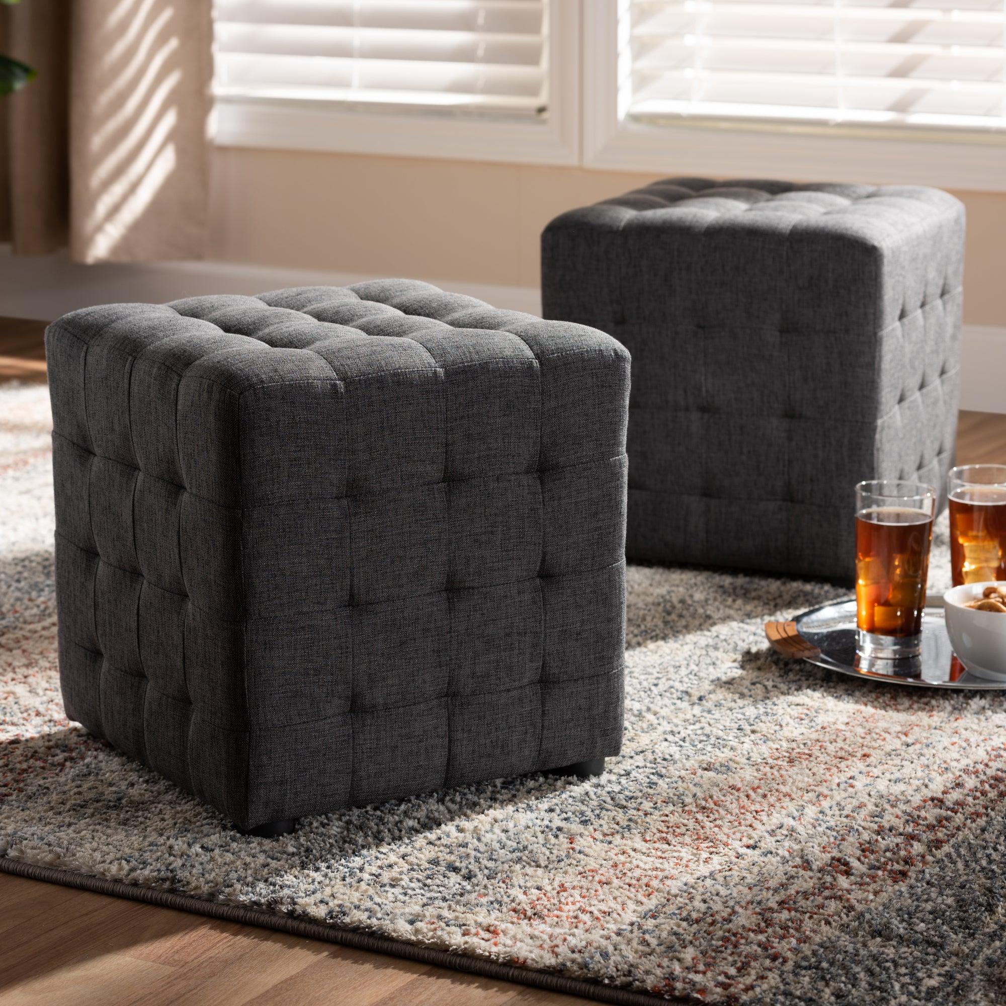 Elladio Modern and Contemporary Dark Fabric Upholstered Tufted Cube Ottoman Set of 2