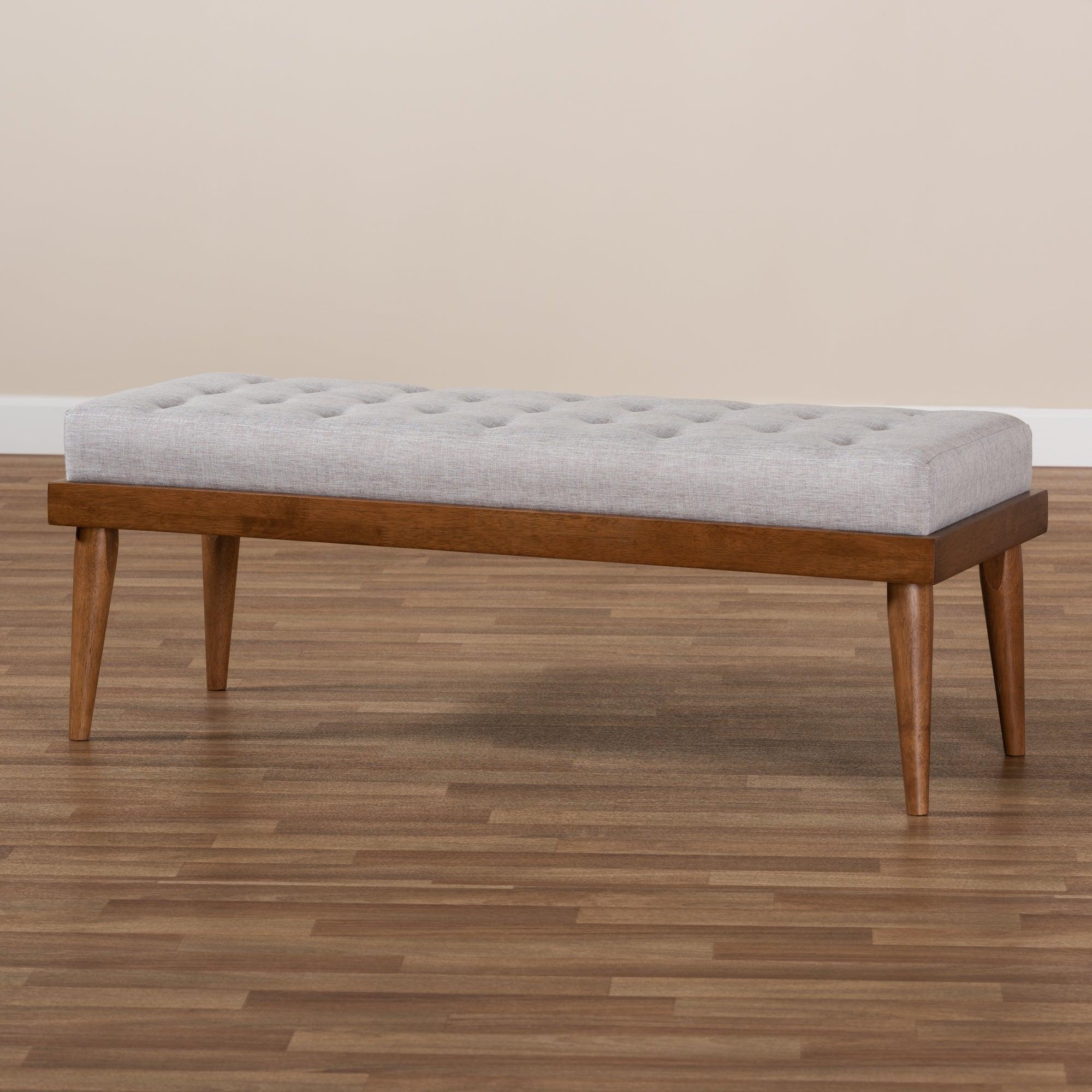 Linus Mid-Century Modern ish Fabric Upholstered and Button Tufted Wood Bench