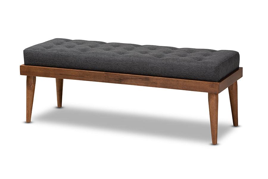 Linus Mid-Century Modern Dark Fabric Upholstered and Button Tufted Wood Bench