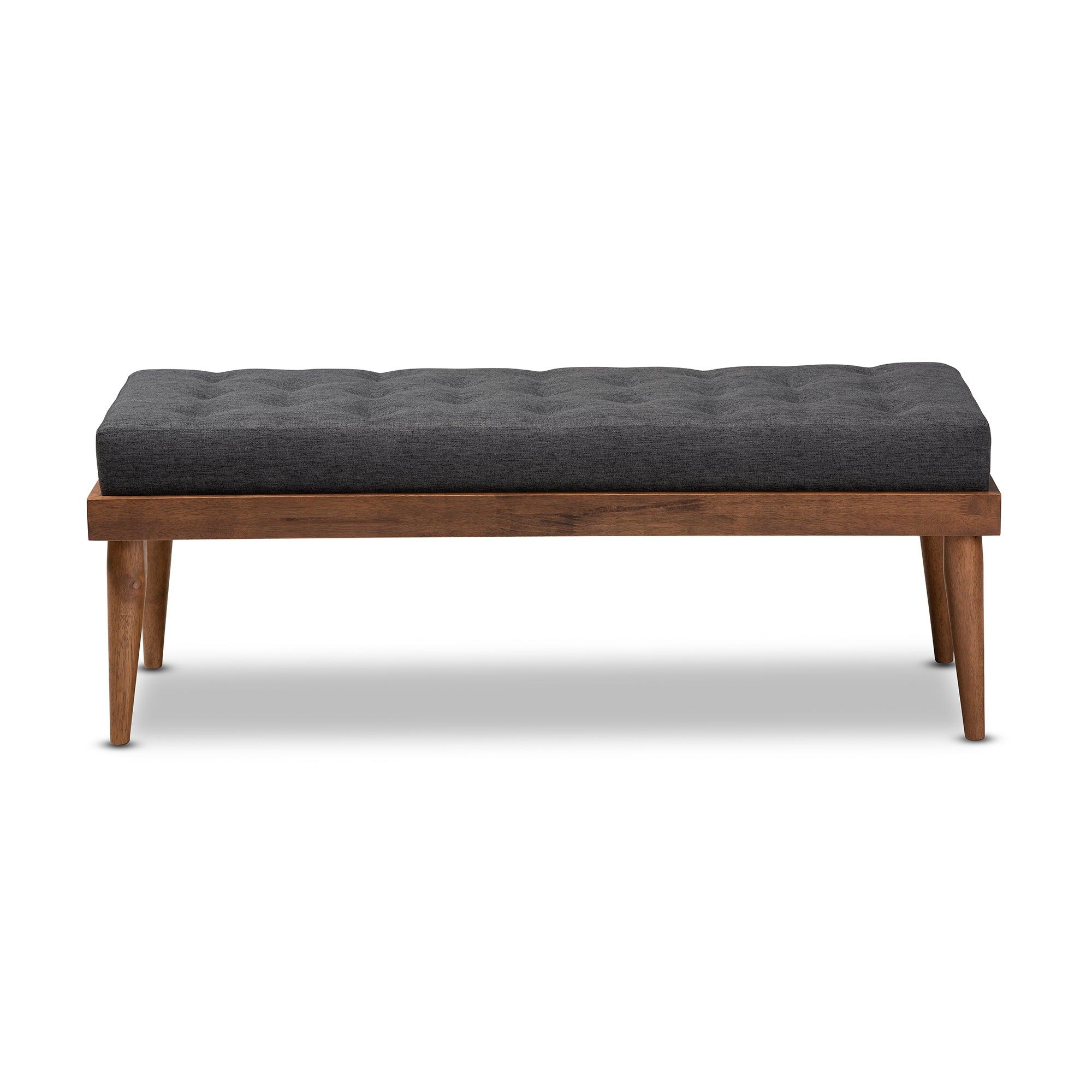 Linus Mid-Century Modern Dark Fabric Upholstered and Button Tufted Wood Bench