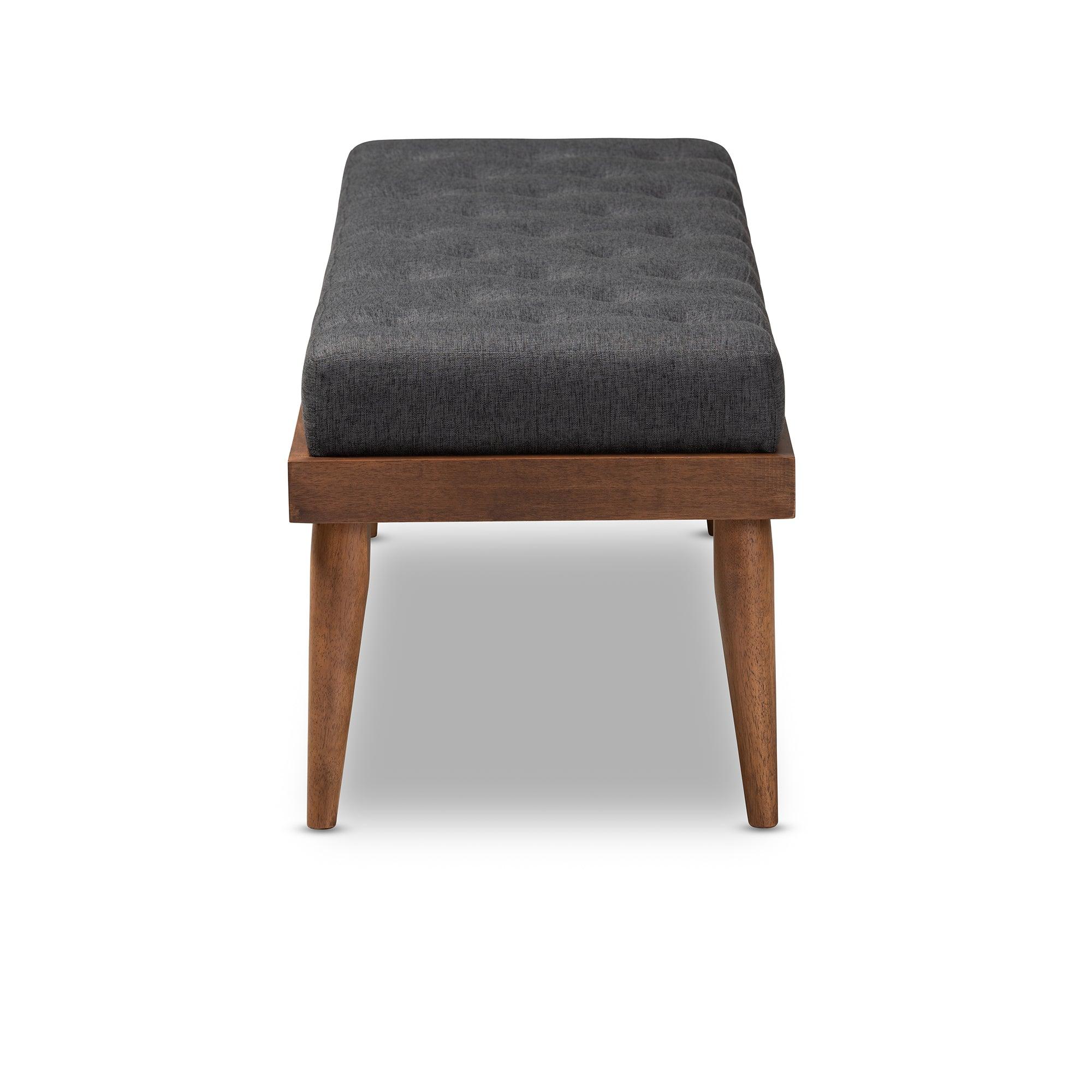 Linus Mid-Century Modern Dark Fabric Upholstered and Button Tufted Wood Bench